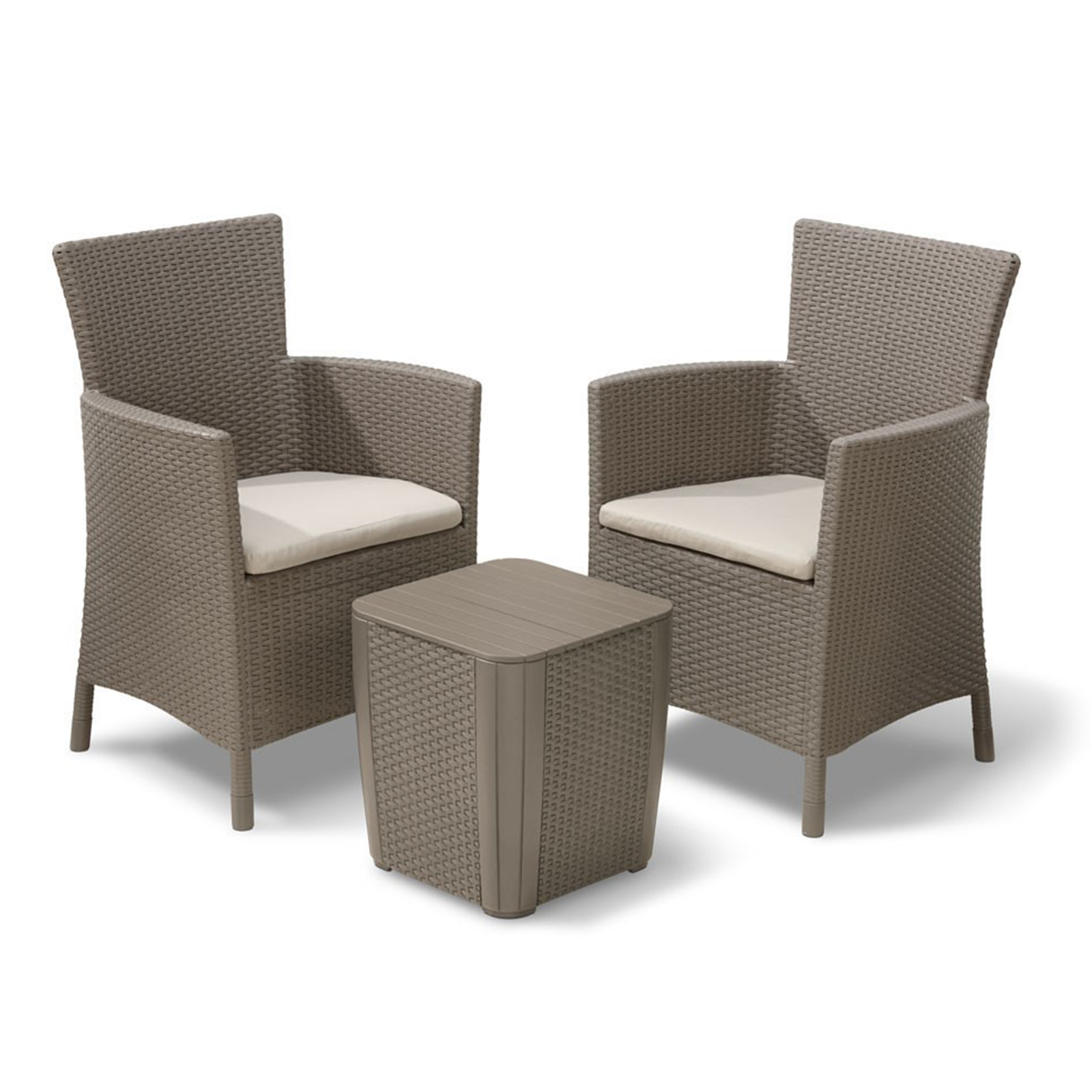 "Iowa Balcony" garden lounge set in rattan resin, coffee table + 2 armchairs with cushions