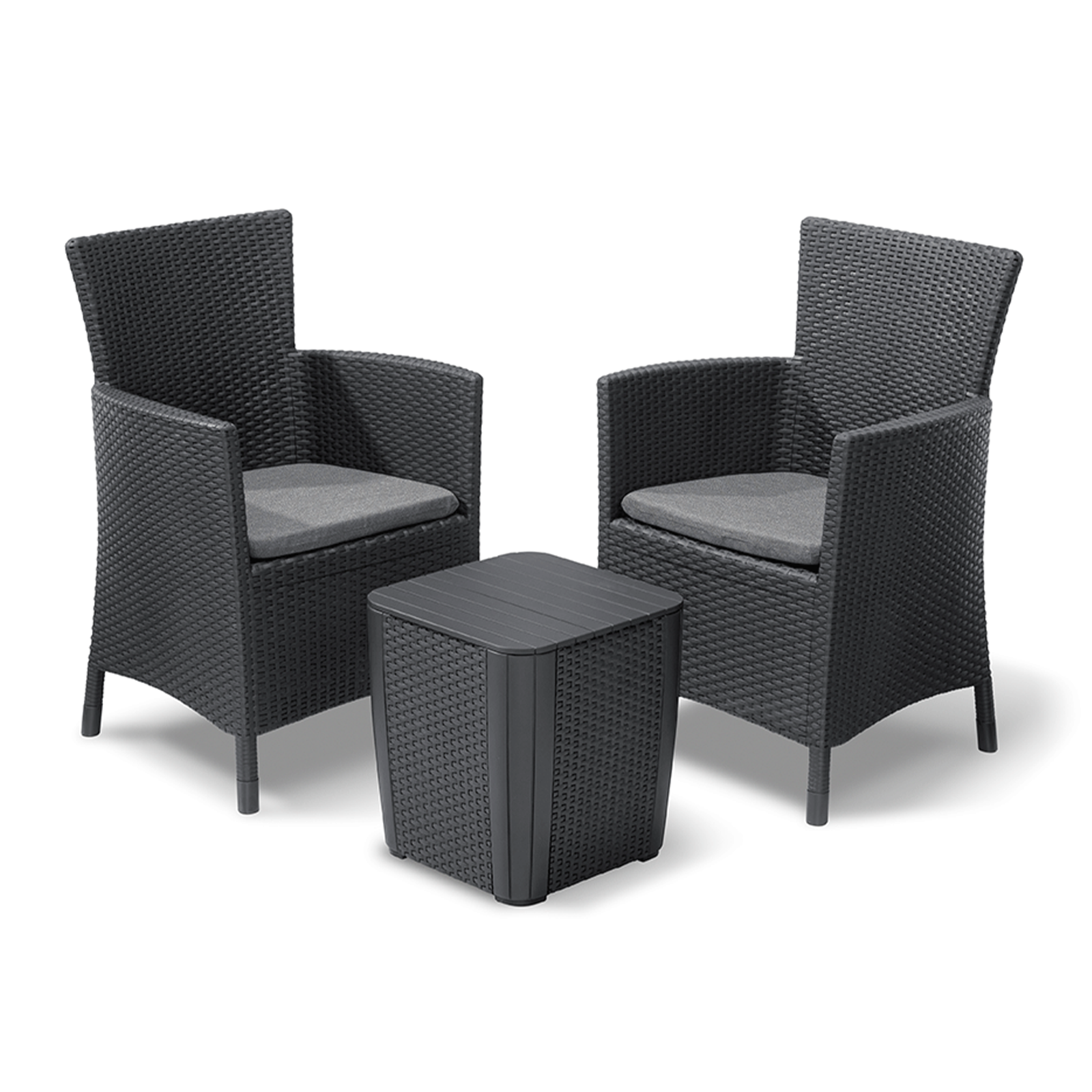 "Iowa Balcony" garden lounge set in rattan resin, coffee table + 2 armchairs with cushions