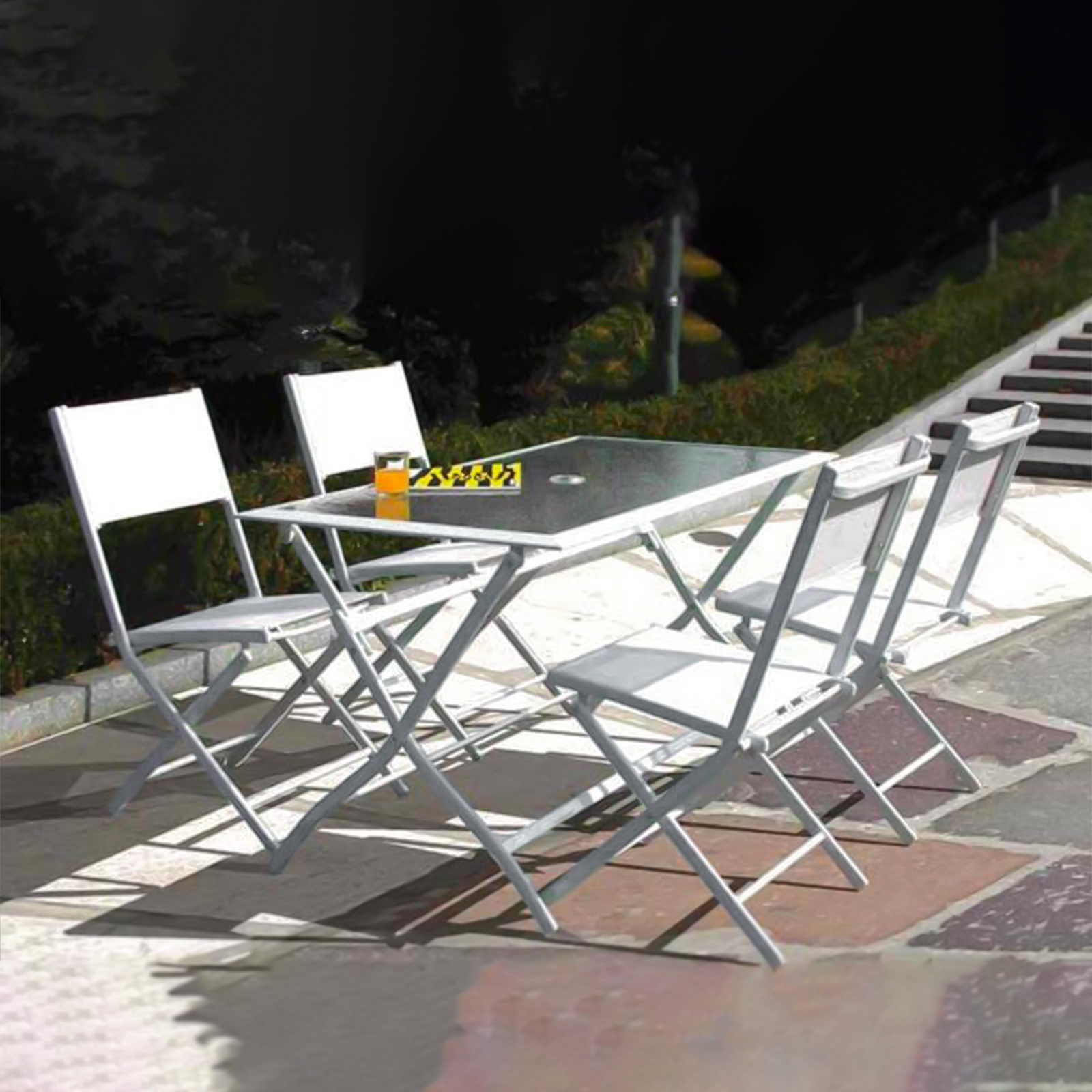 Astro Folding Dining Set of 4 Chairs and Table in White Steel for the Garden
