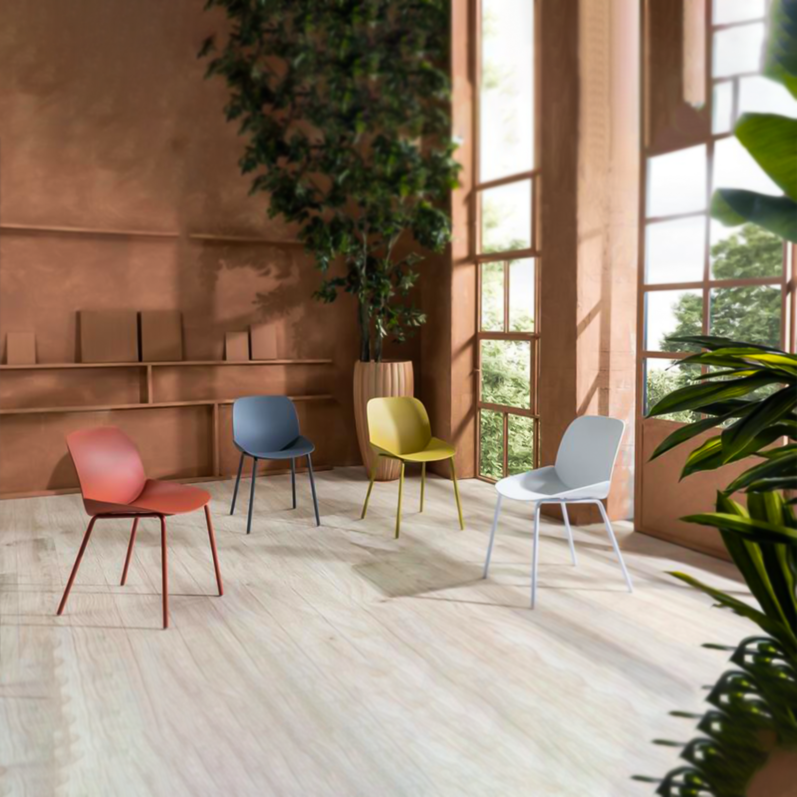 Set of modern "Azzurra" polypropylene chairs with painted metal frame for the living room