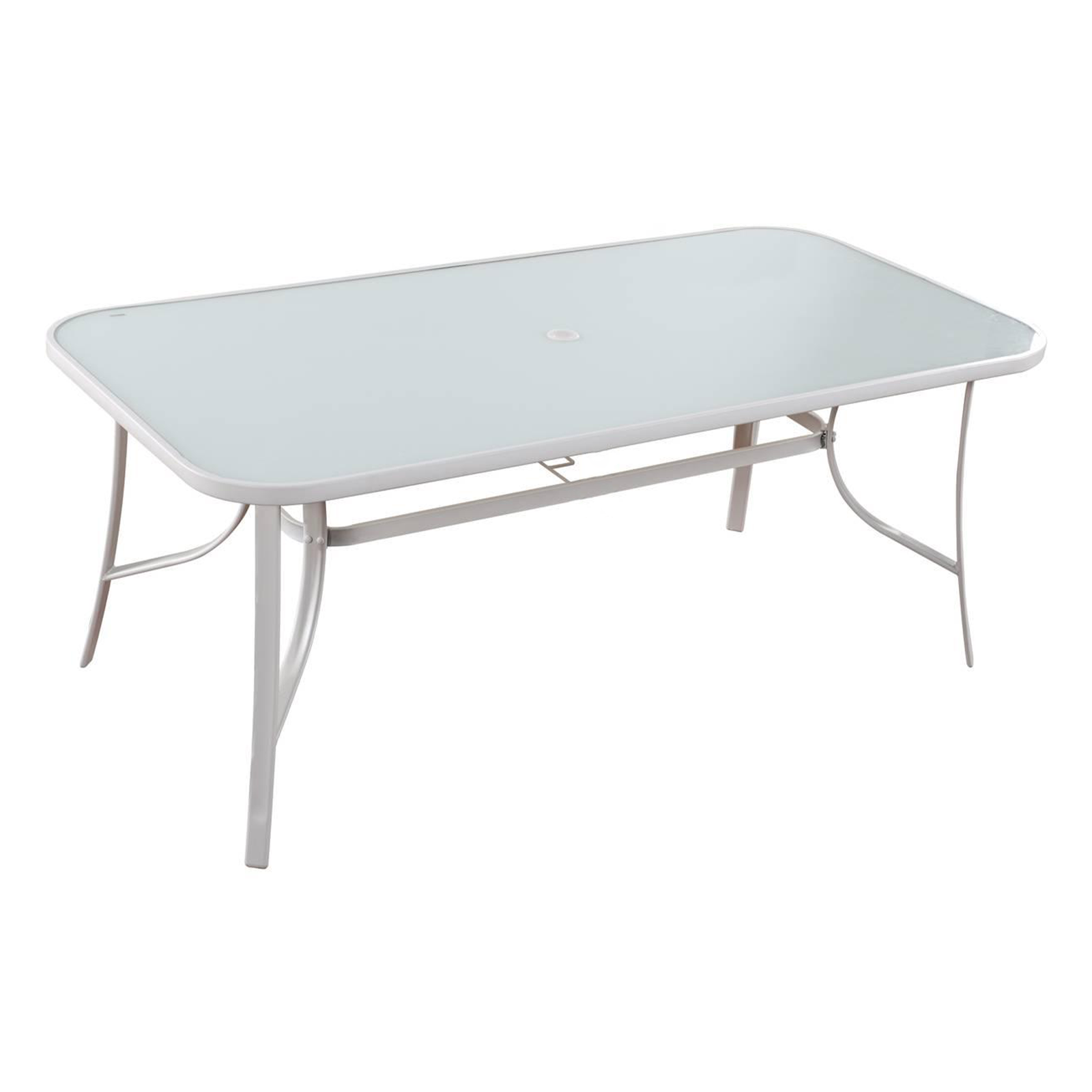 "Giove" metal dining table with tempered glass top and umbrella holder for the garden