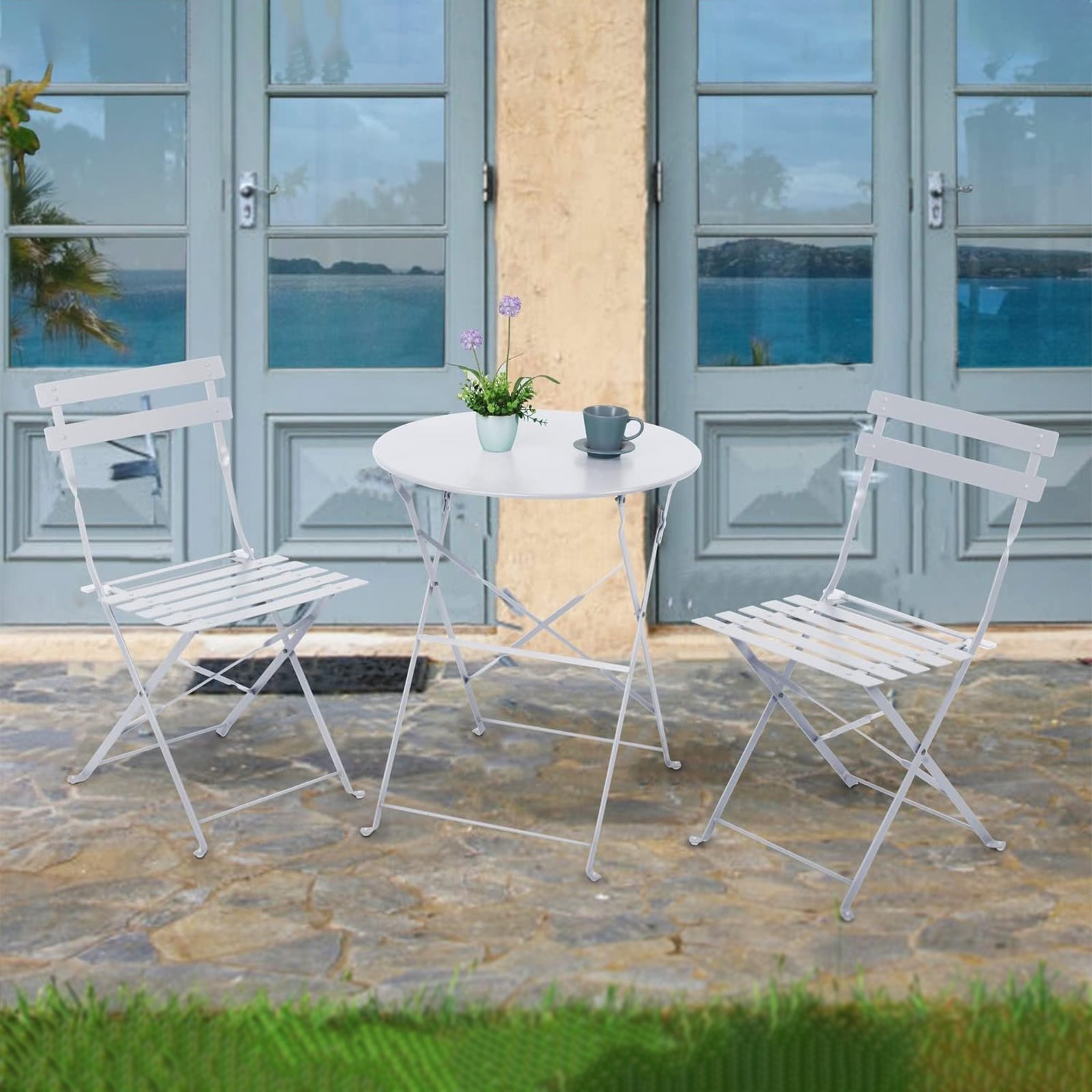 "Giotto" steel dining set with 2 chairs and a folding round table