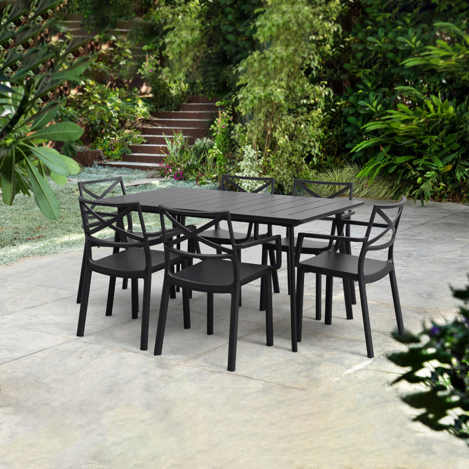 "Cast Iron" resin dining table with cast iron effect top for the garden, 150x90 cm, 74h