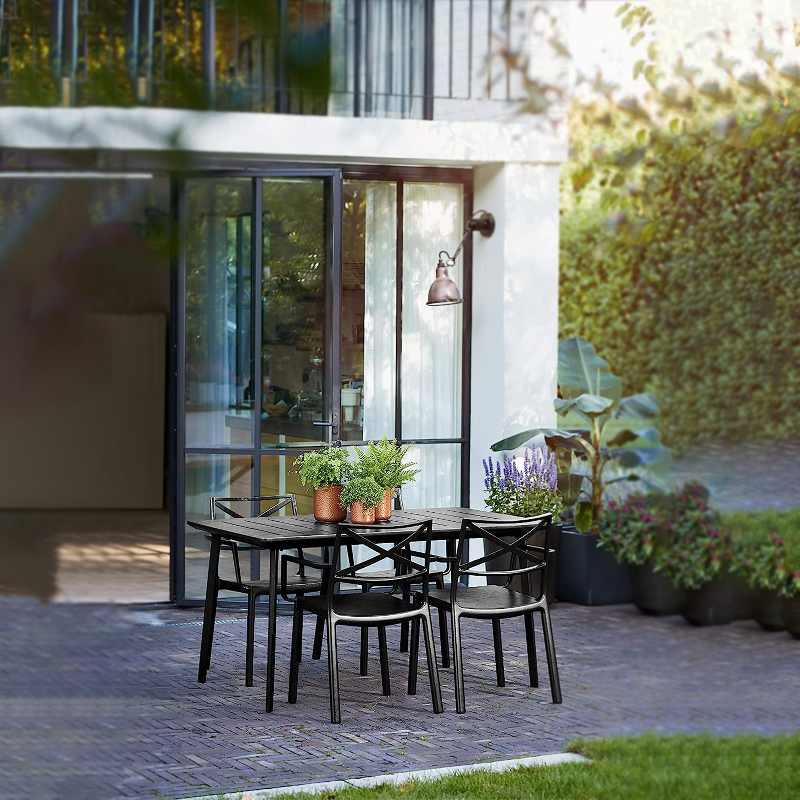 "Cast Iron" resin dining table with cast iron effect top for the garden, 150x90 cm, 74h