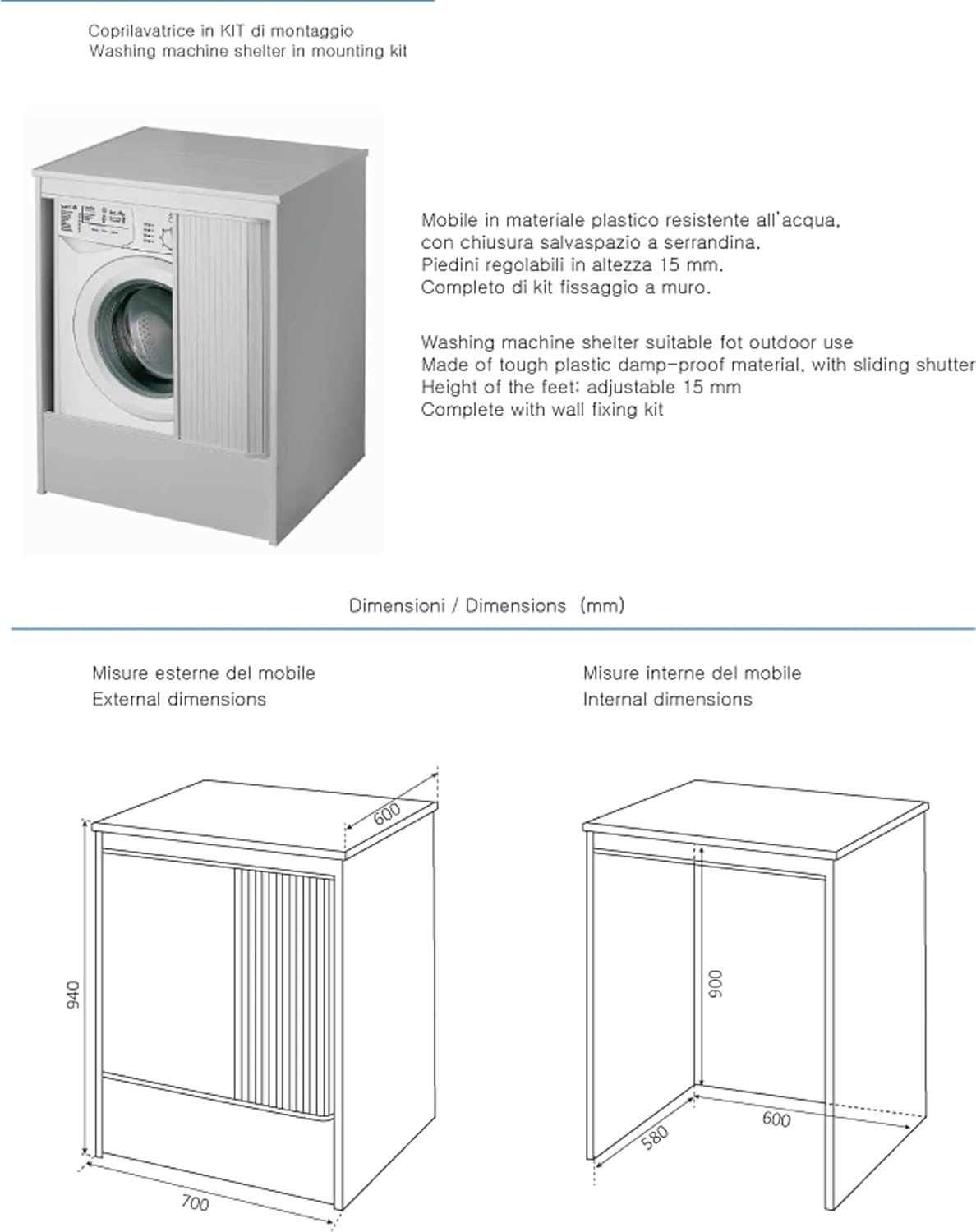 "System01" PVC washing machine cover with roller shutter opening and adjustable feet, 65x70 cm, 94 cm high