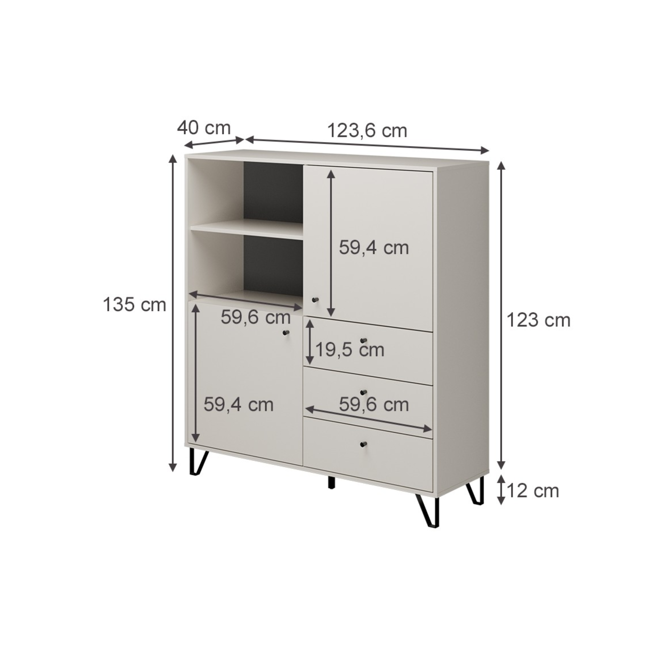 "Aldo" wooden sideboard with raised feet, 123x40 cm