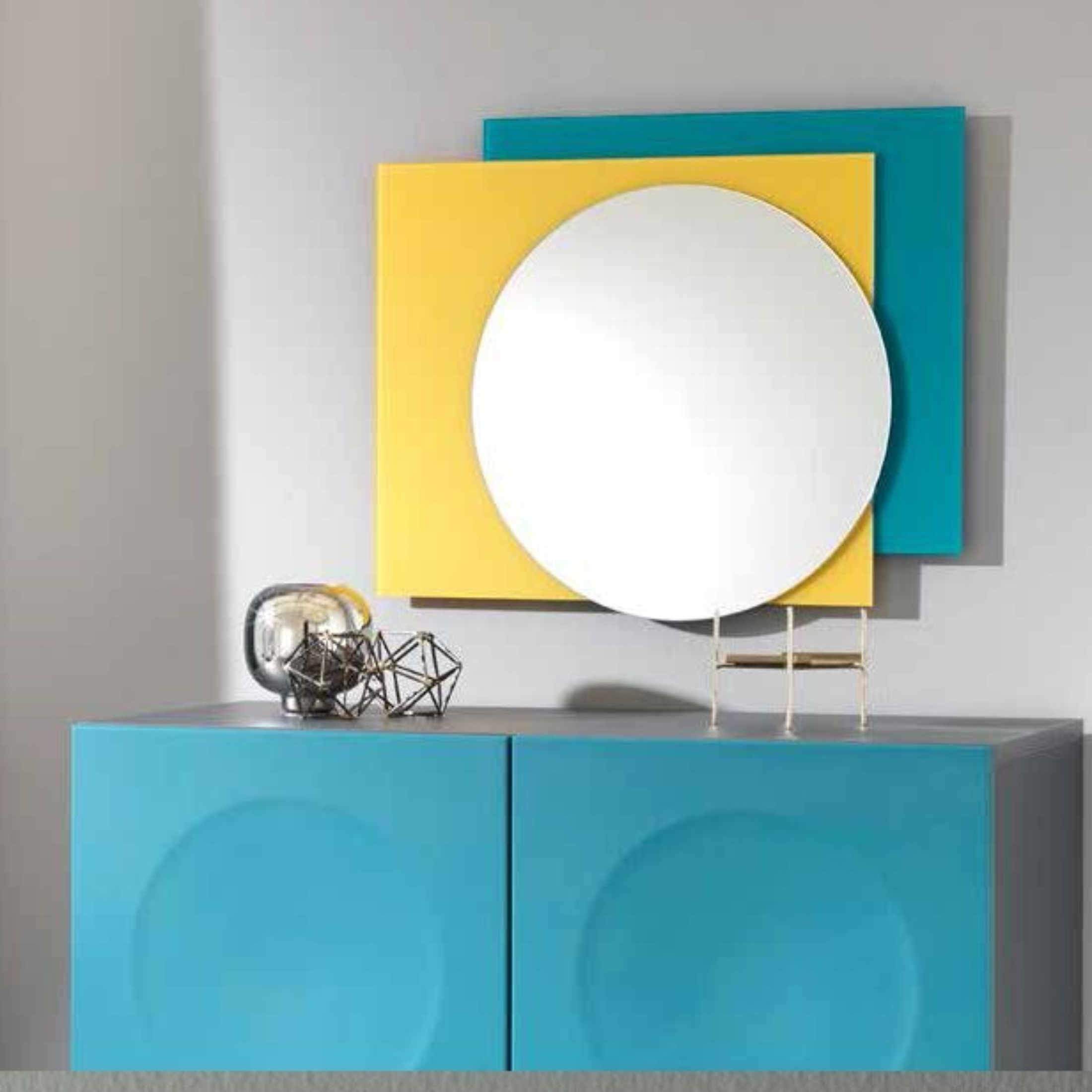 Round wall mirror "Chanty" turquoise and mustard satin glass panels 70x2 cm 57h