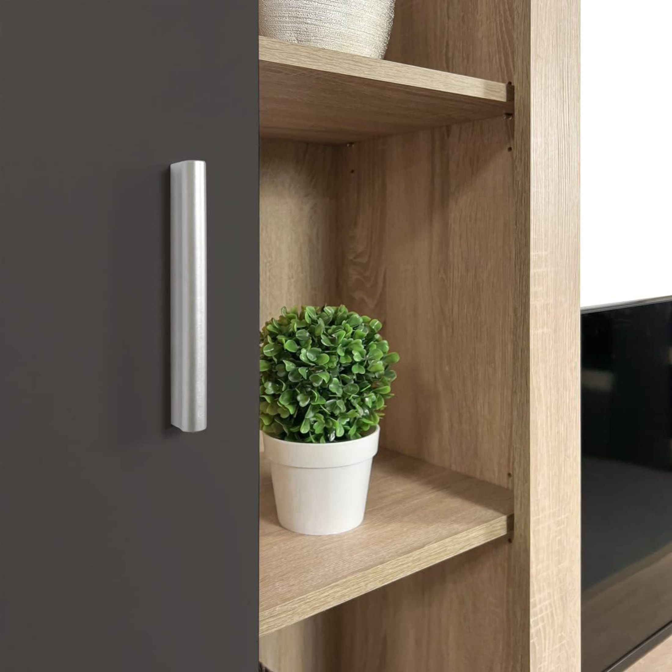 "Nobel" living room wall unit in natural wood and anthracite, 263x40 cm, 200 cm high