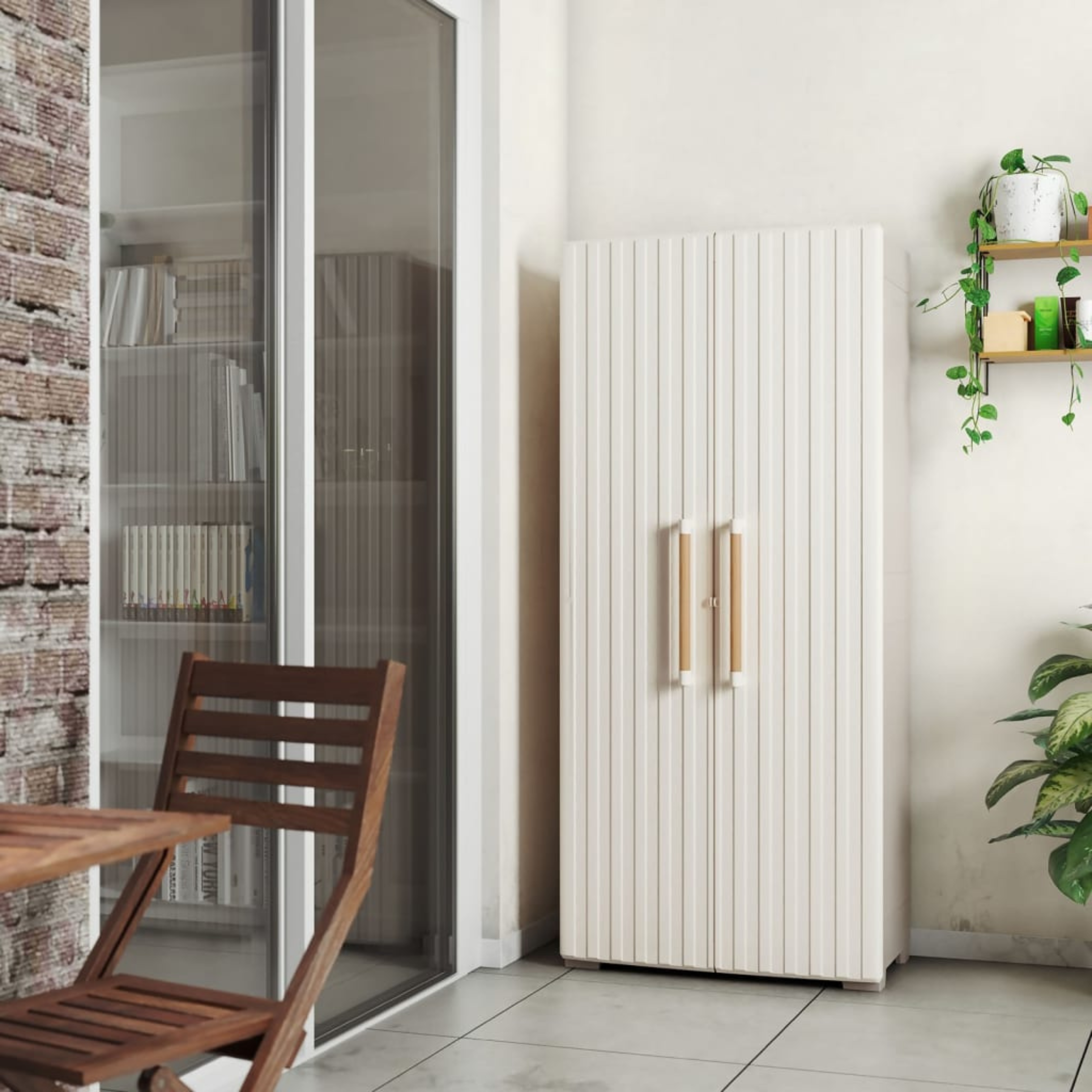 "Groove" resin garden cabinet with internal shelves and raised feet