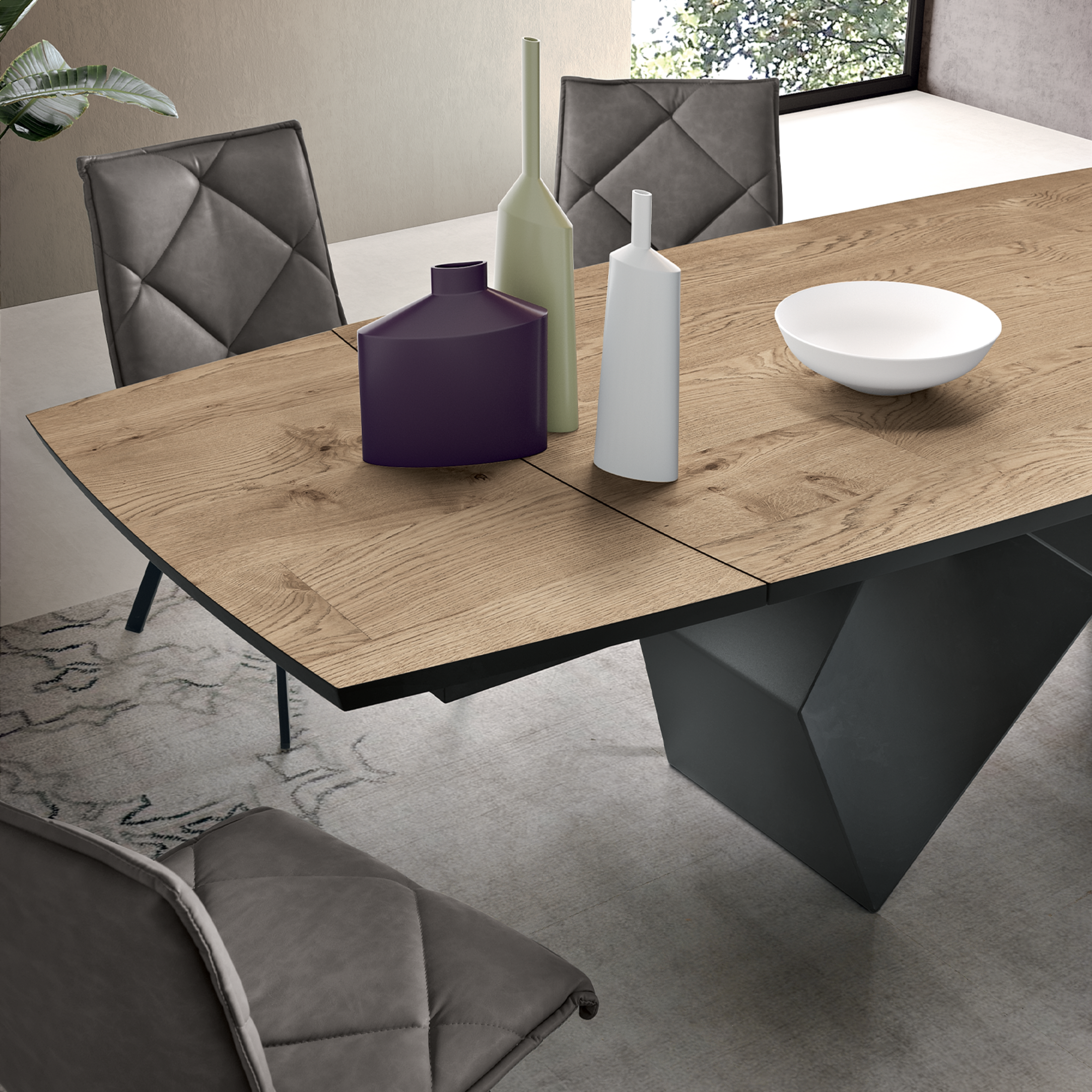 Extendable dining table "Reina" with metal base and oak top, 200/300x100 cm, 75 cm high