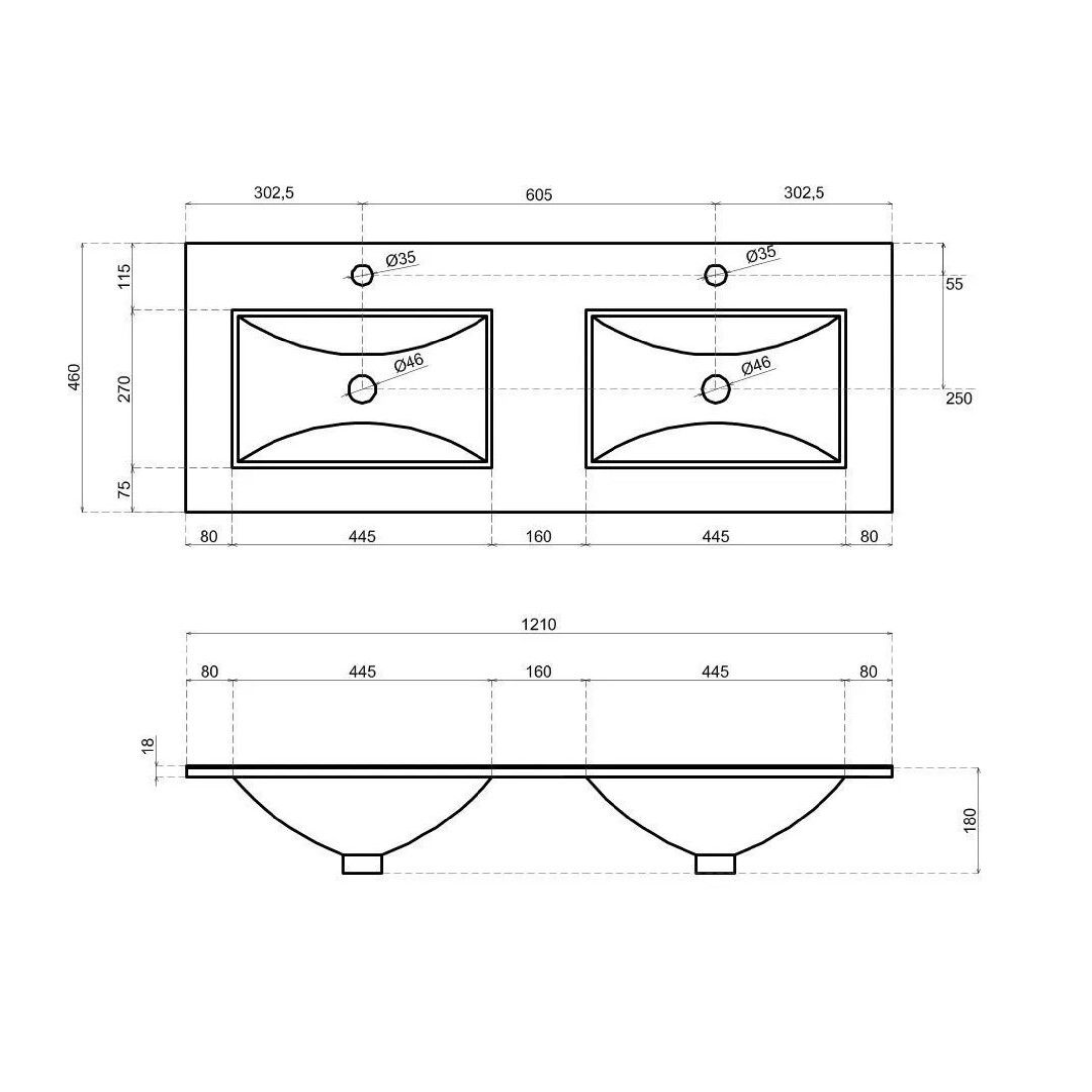 "Belize120" bathroom cabinet with double sink and two drawers in a white wood finish