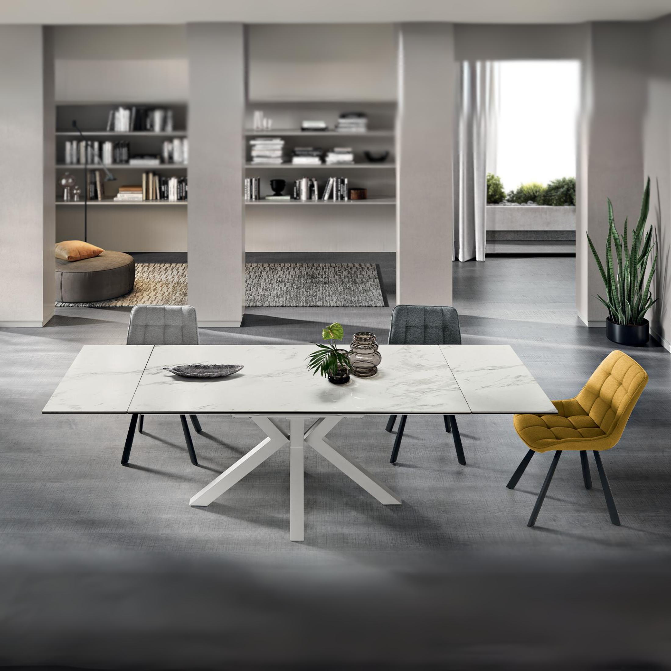 Modern extendable table "Artik" with metal base, seats up to 10 people.