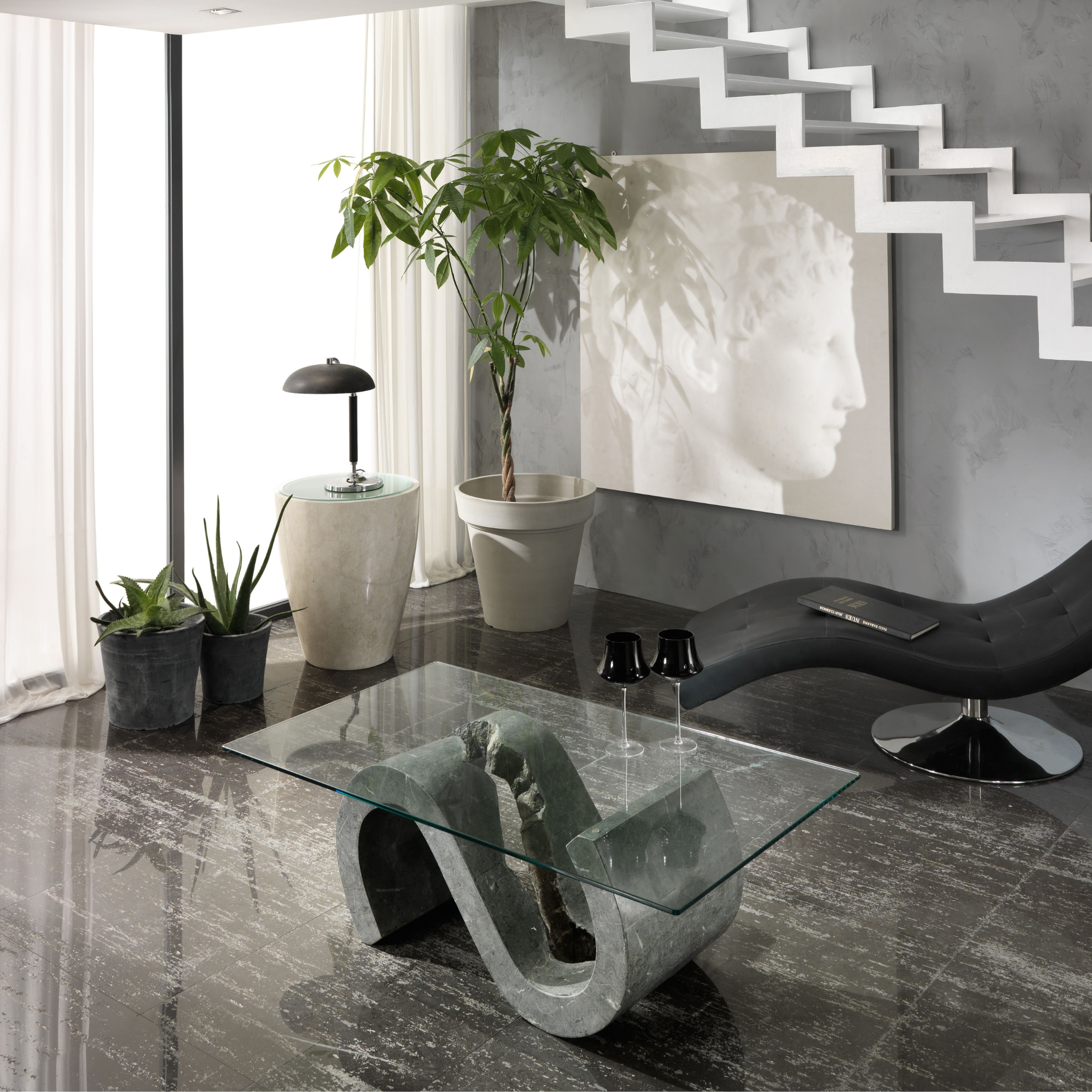 "Esse" fossil stone coffee table with tempered glass top, 120x70 cm, 36 cm high