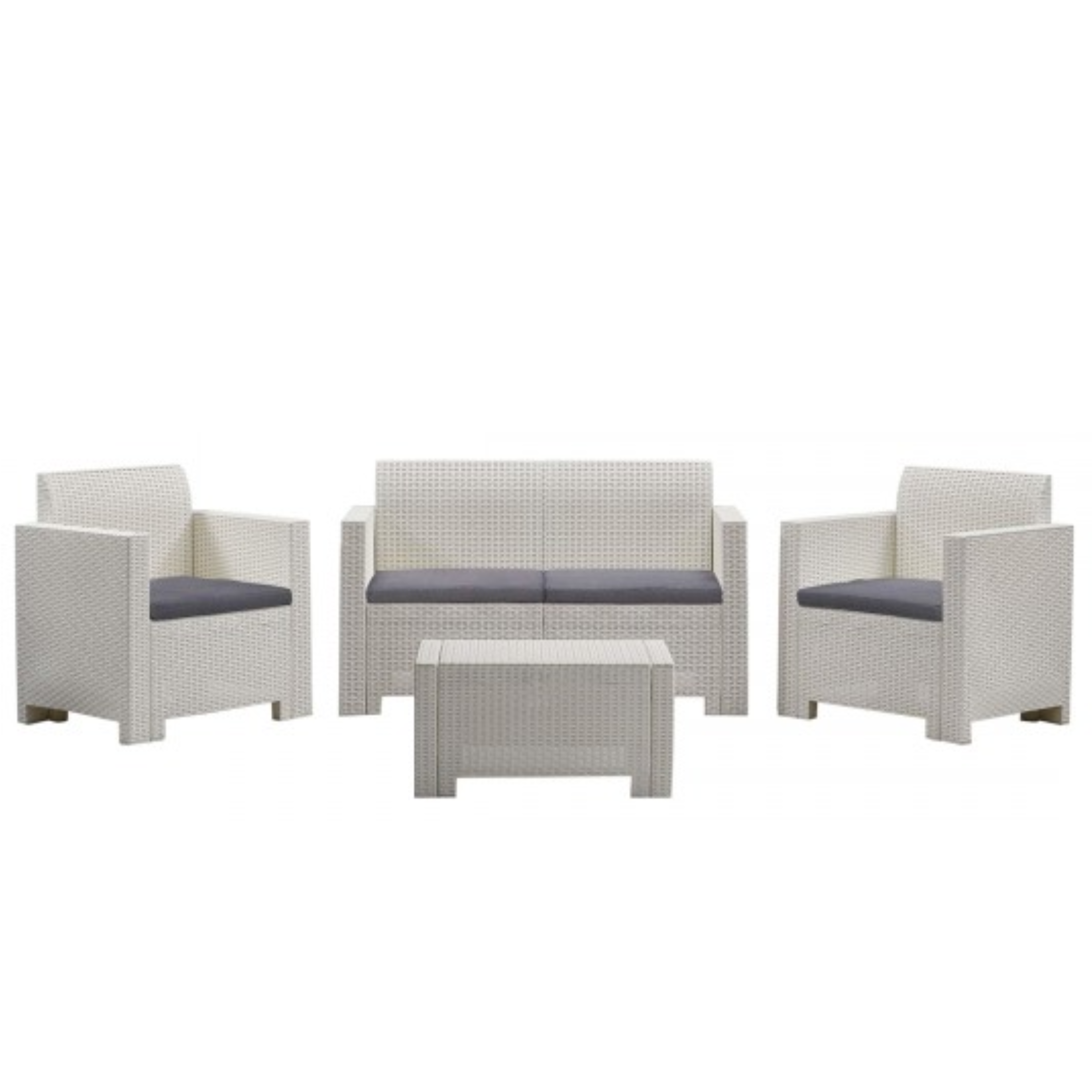 "Nebraska II" garden lounge set in rattan resin, coffee table + sofa + 2 armchairs with cushions