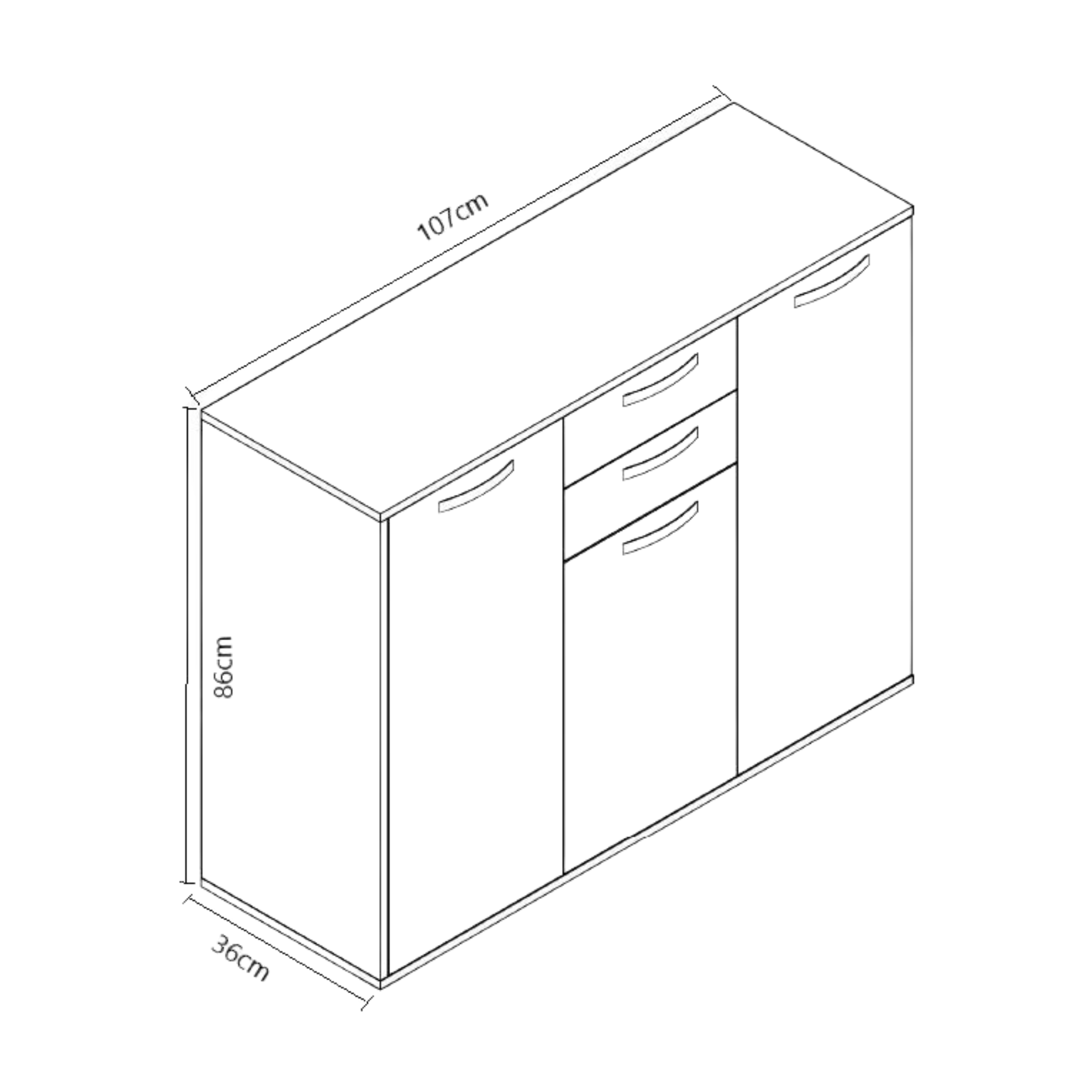 "Chef" wooden buffet sideboard with 3 doors and 2 drawers for the living room, 107x36 cm, 86h
