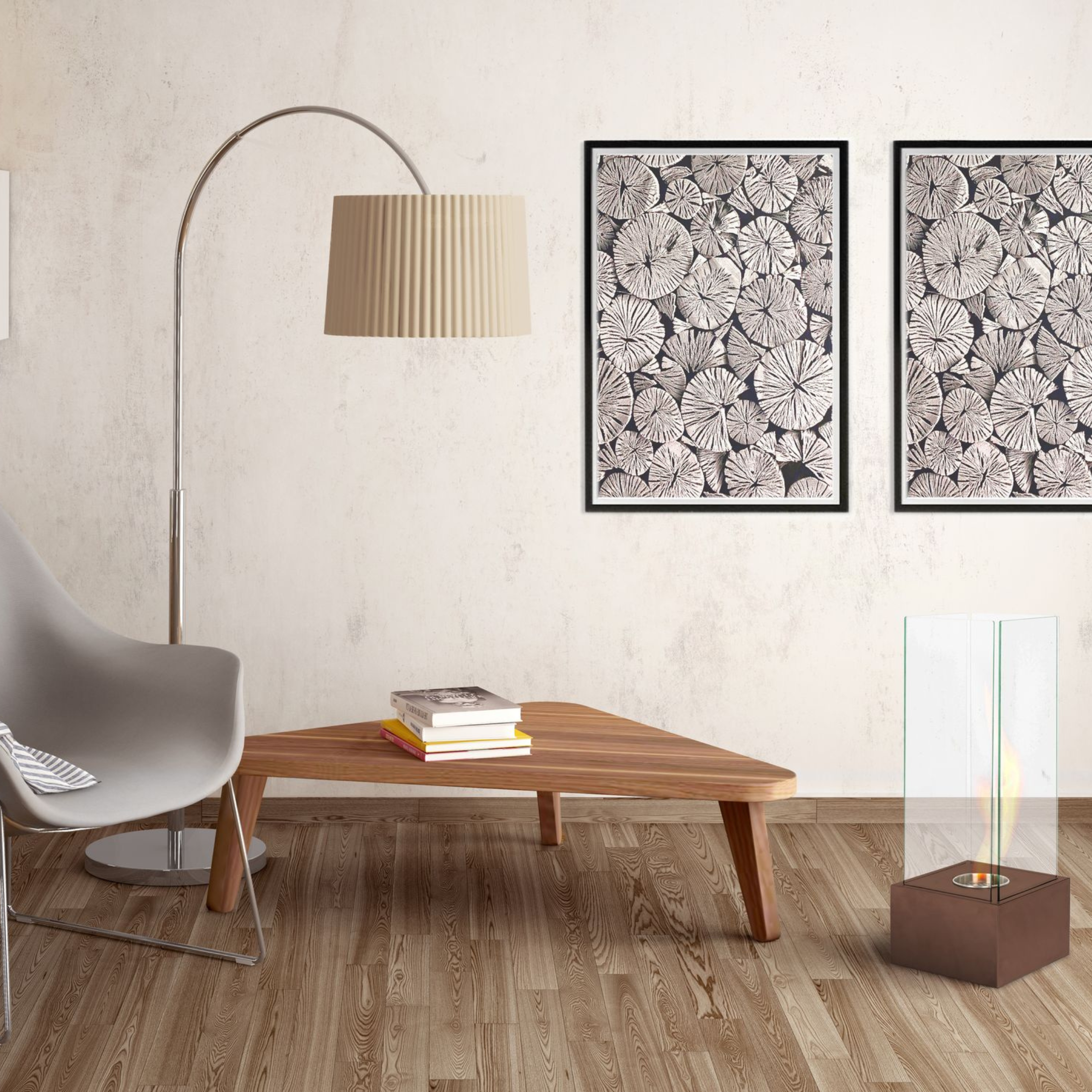 "Lisa" floor-standing bioethanol fireplace in tempered glass, 25x25 cm, 65 cm high.