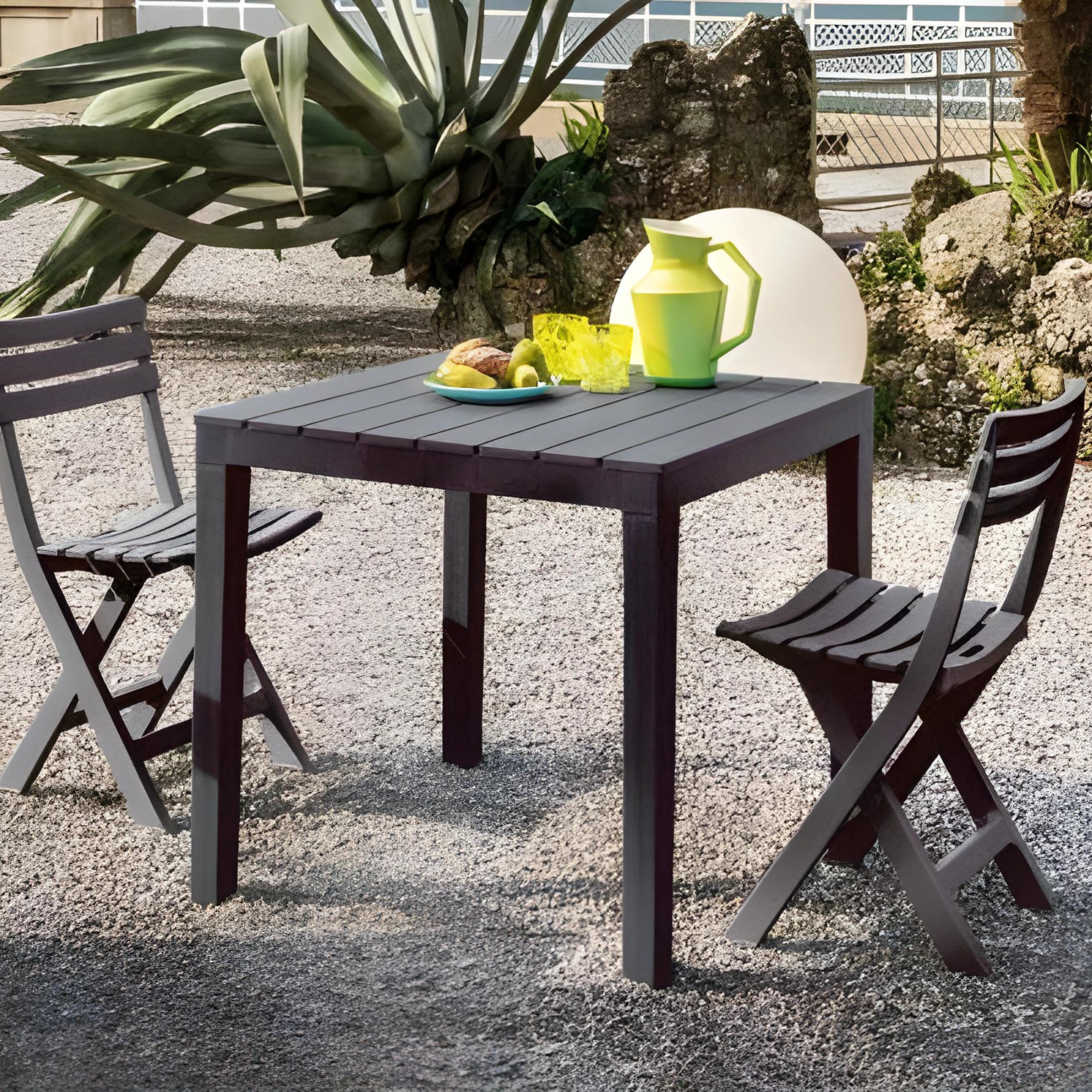 "Bali" resin garden table with wood-effect slats, 78x78 cm, 72 cm high
