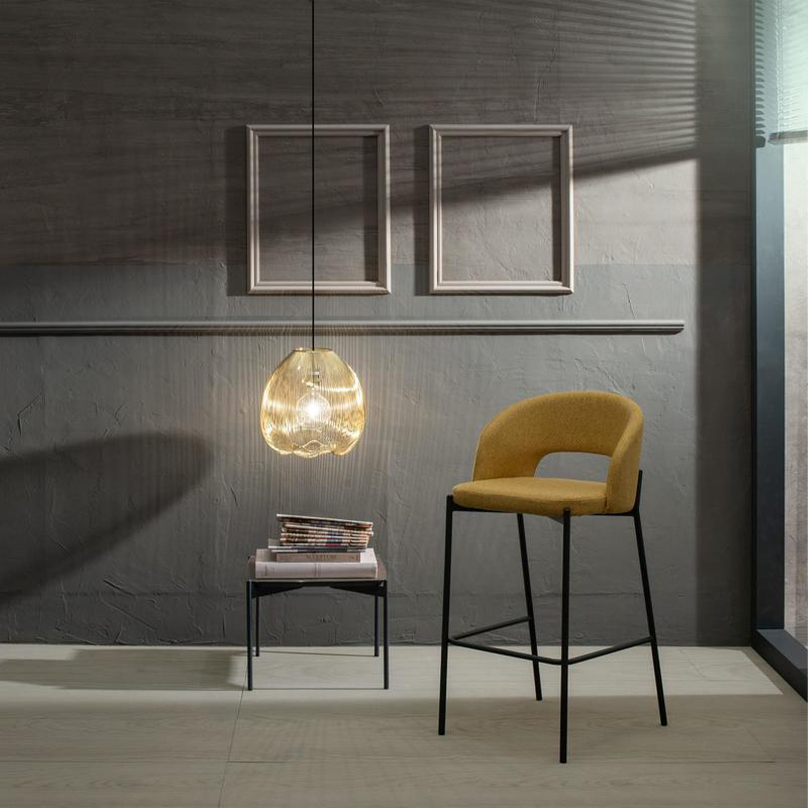 Set of "Alan" high stools in padded fabric with footrest cm 52x50 98h