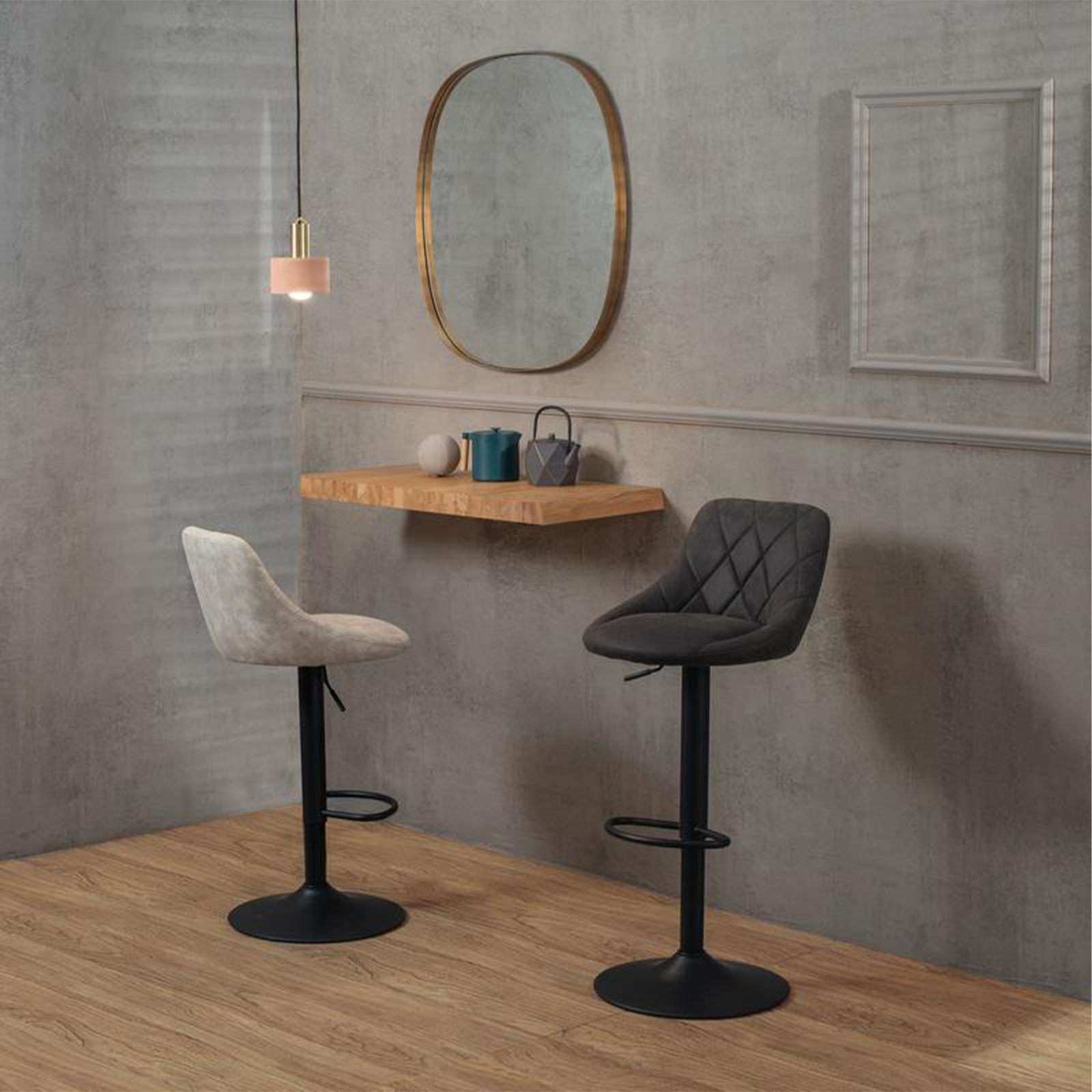 Set of modern high stools "Tema" in padded fabric with footrest cm 50x45 84h