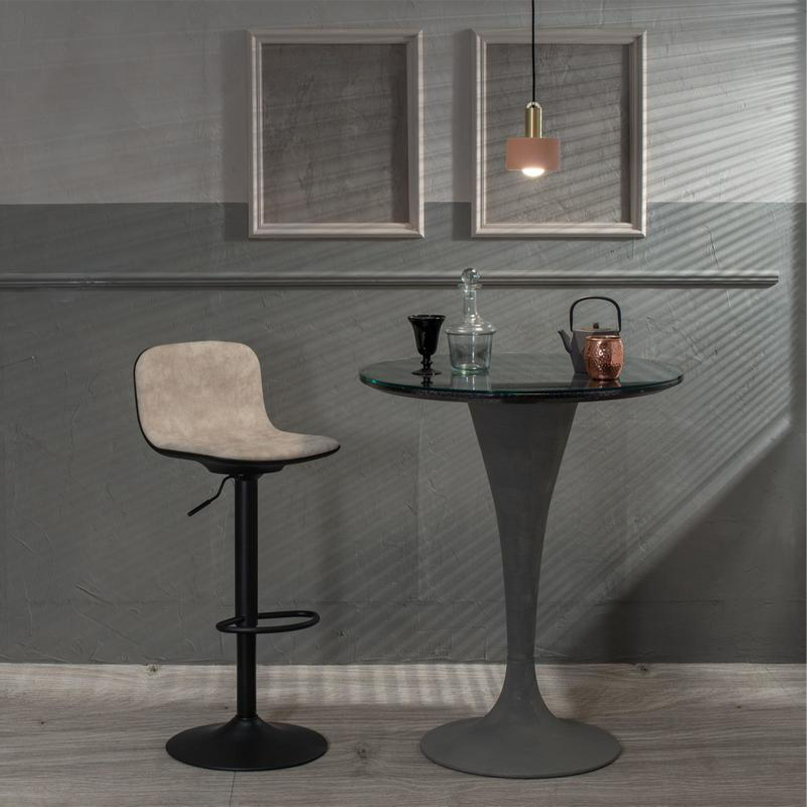 Set of "Woody" high stools in fabric with gas lift and footrest, 45x39 cm, 86h