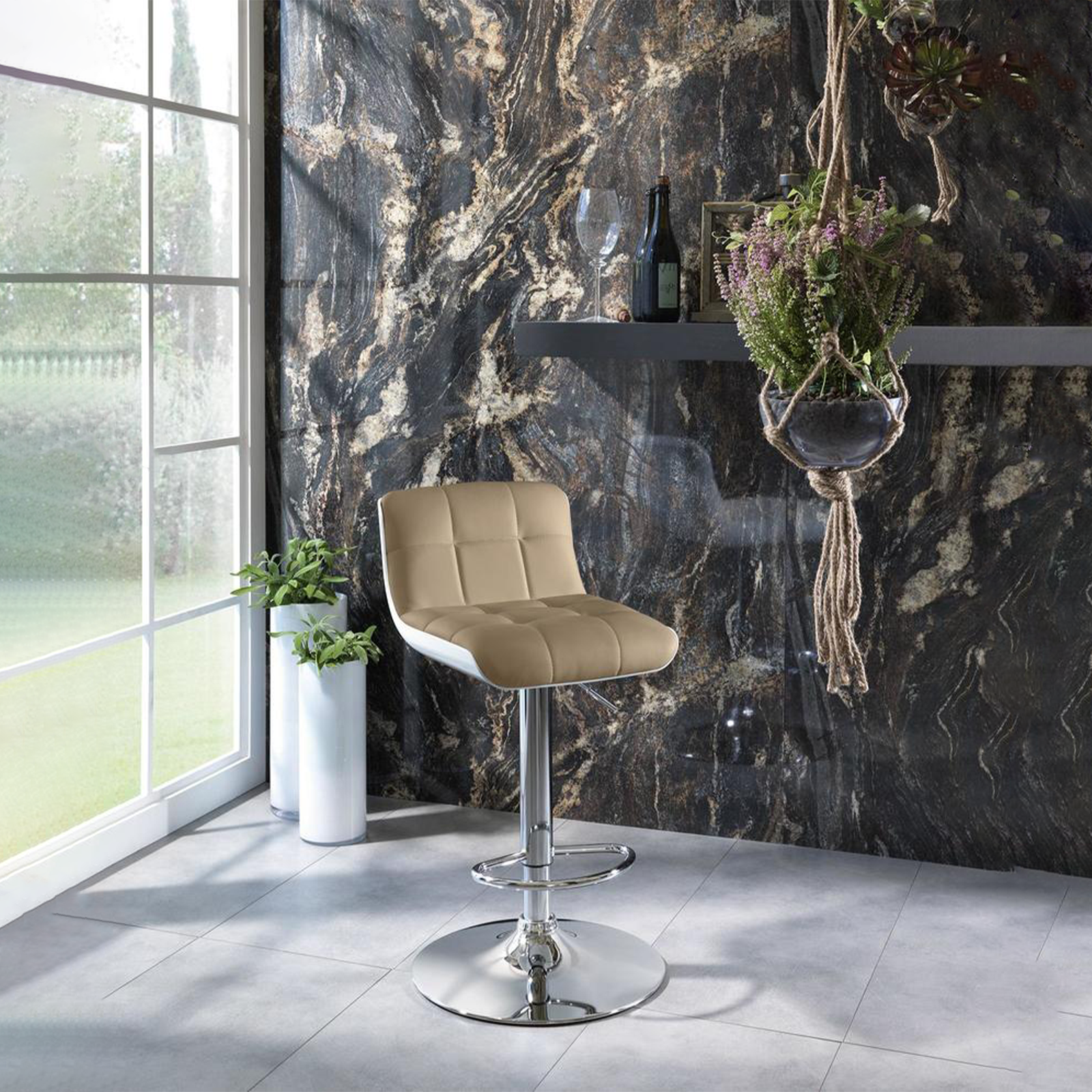 Set of high padded stools "Kurt" in imitation leather with gas lift and footrest cm 38.5x36 83h