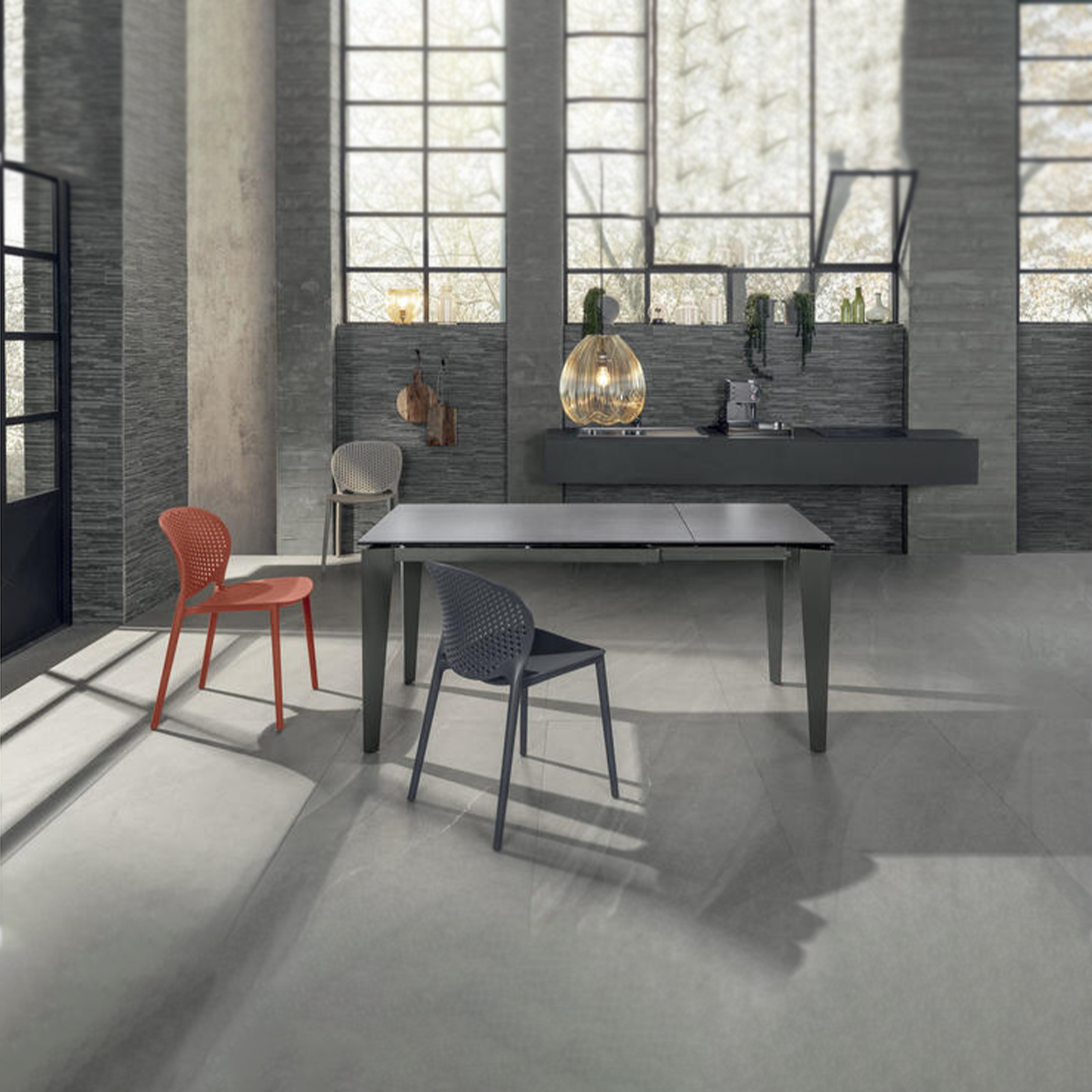 Modern extendable "Fast" table with ceramic top on tempered glass