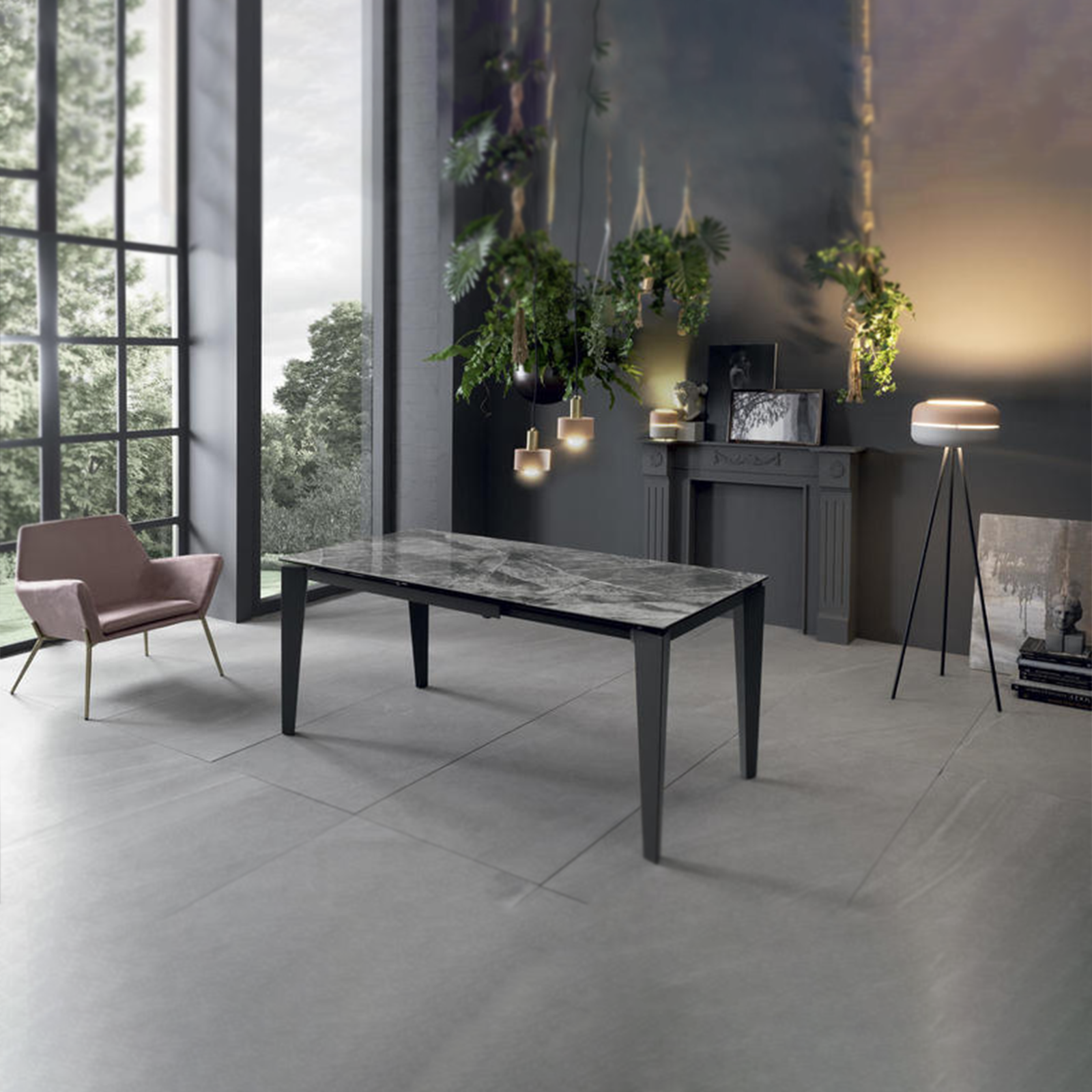 Modern extendable "Fast" table with ceramic top on tempered glass