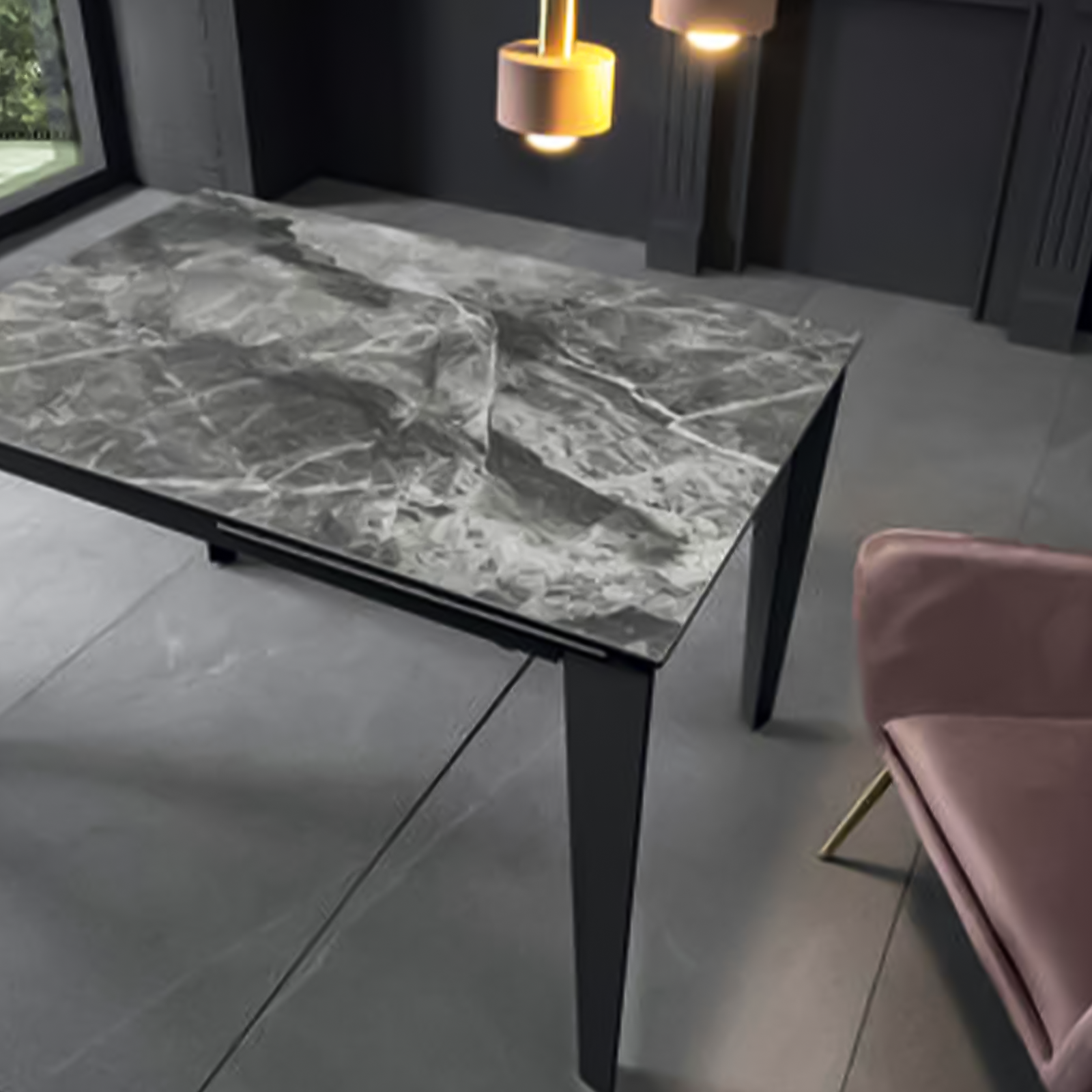 Modern extendable "Fast" table with ceramic top on tempered glass