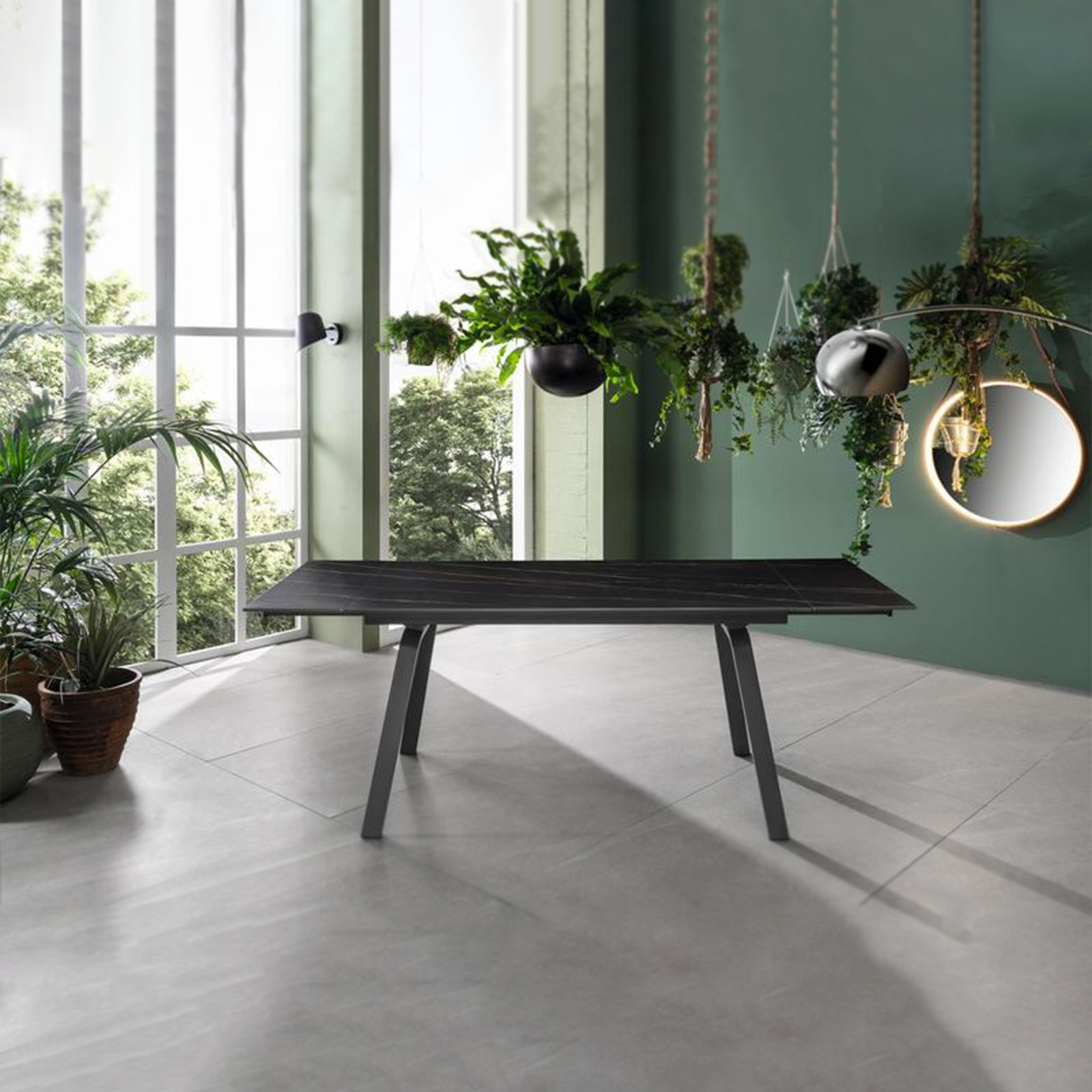 Extendable "Zante" table with marble-effect stone top, 200x80 cm, 76 cm high