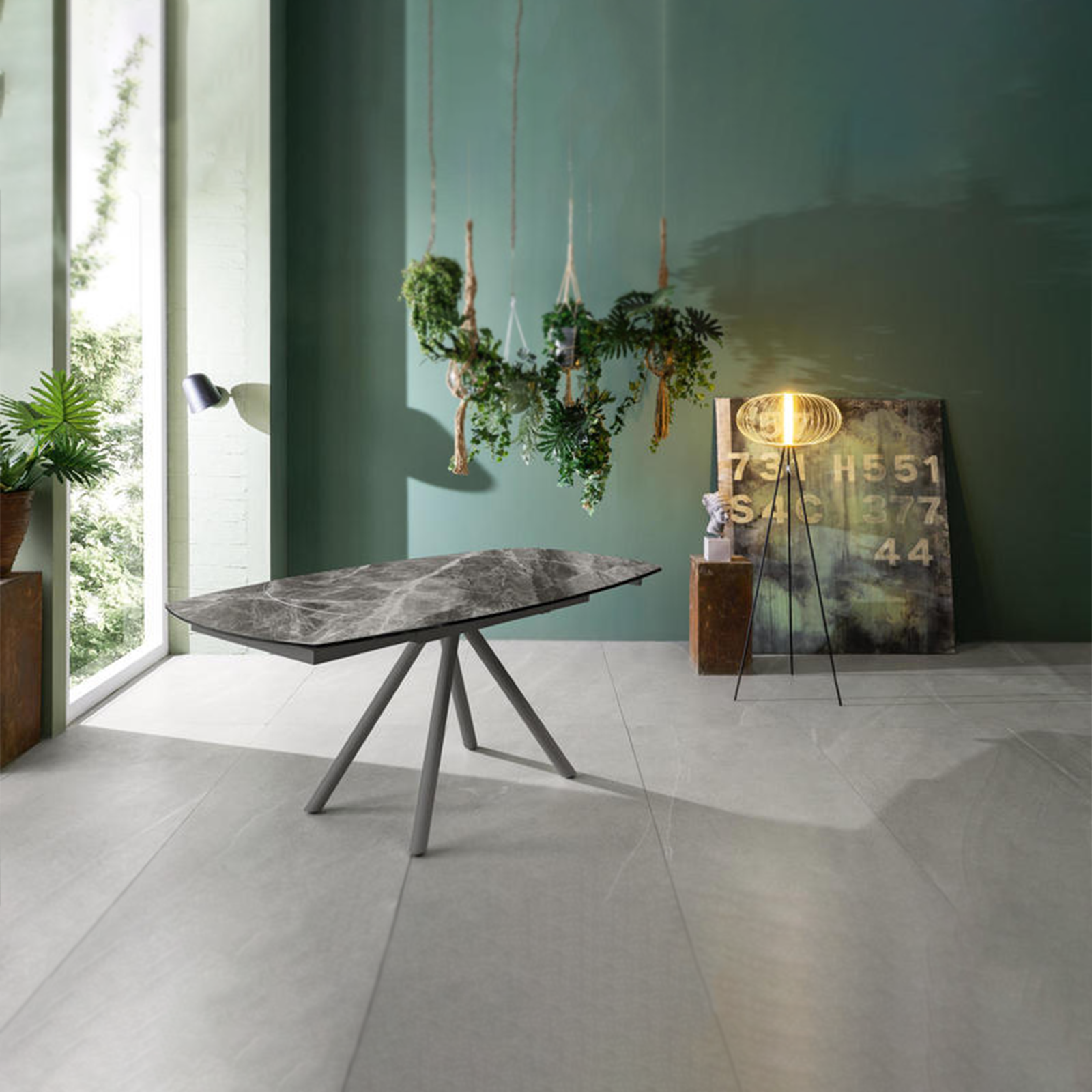 Modern extendable table "Atmosphera" with ceramic top and painted metal frame