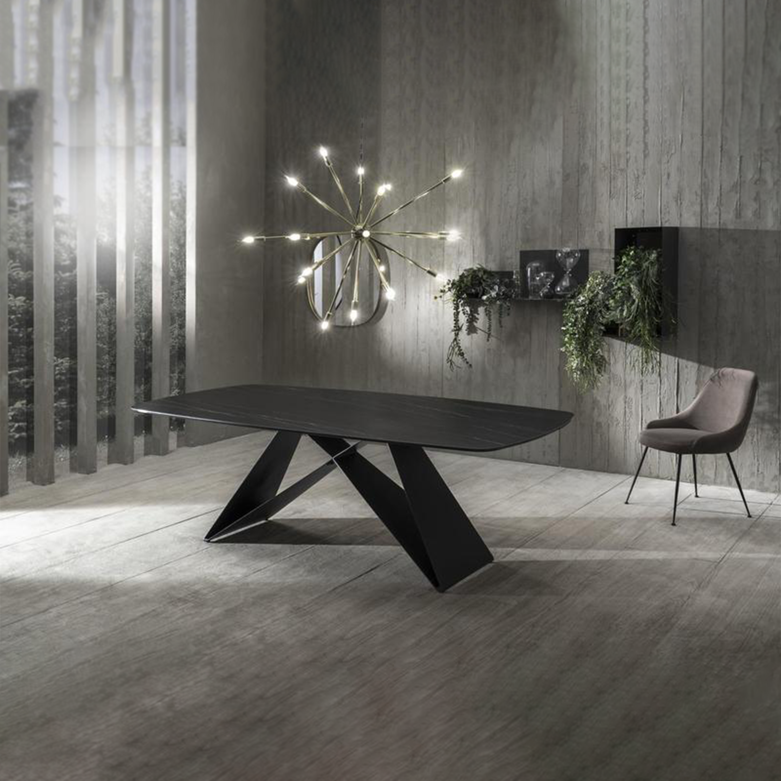 "Loyra" modern fixed table in ceramic on tempered glass with a marble effect, 220x110 cm, 76 cm high.