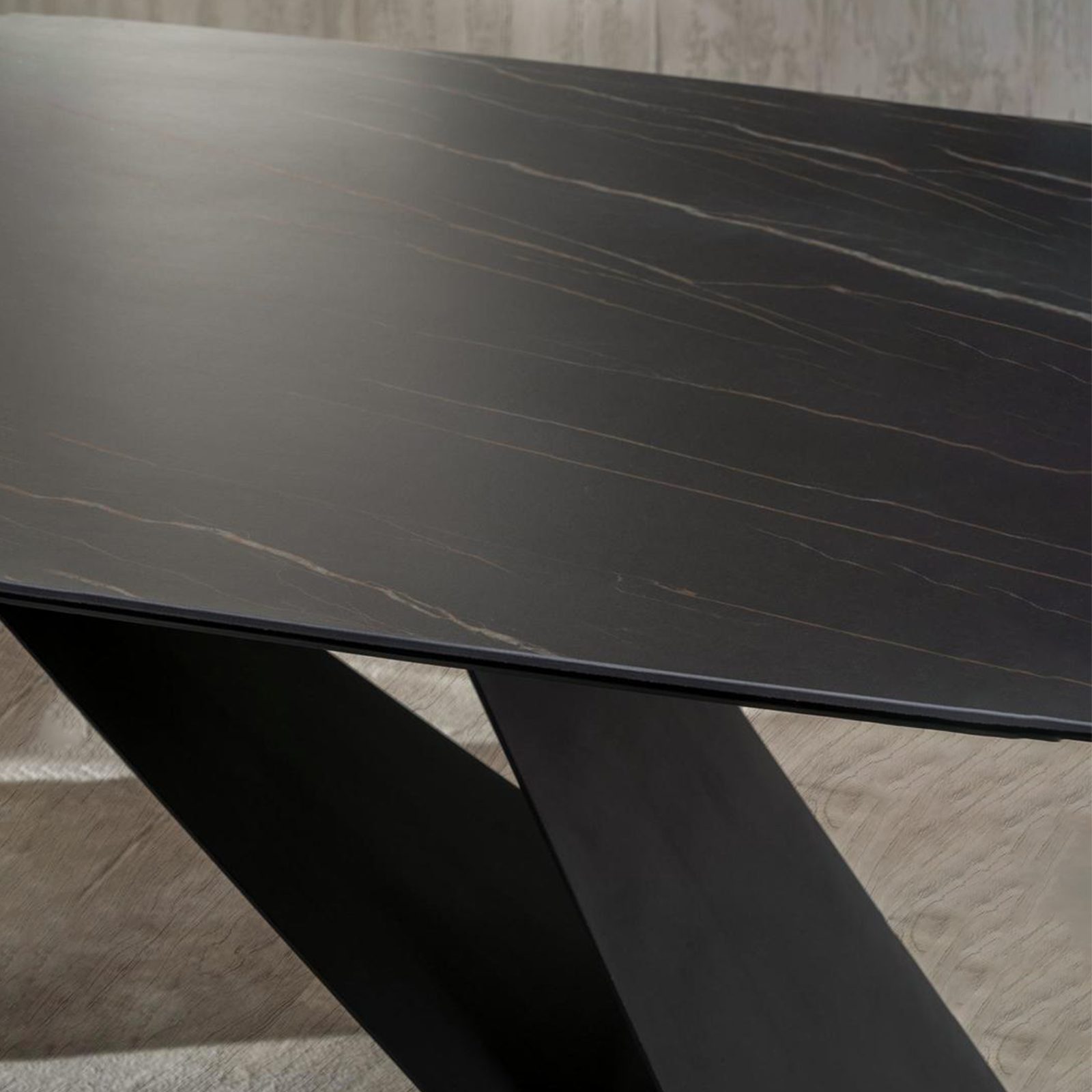 "Loyra" modern fixed table in ceramic on tempered glass with a marble effect, 220x110 cm, 76 cm high.