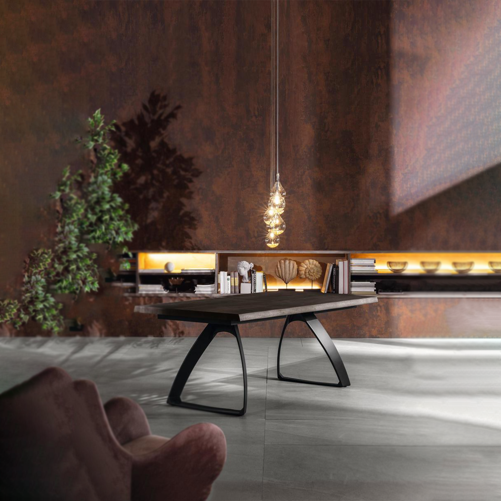 "Enzo" fixed table with wooden top and metal legs, 200x100 cm, 76 cm high.