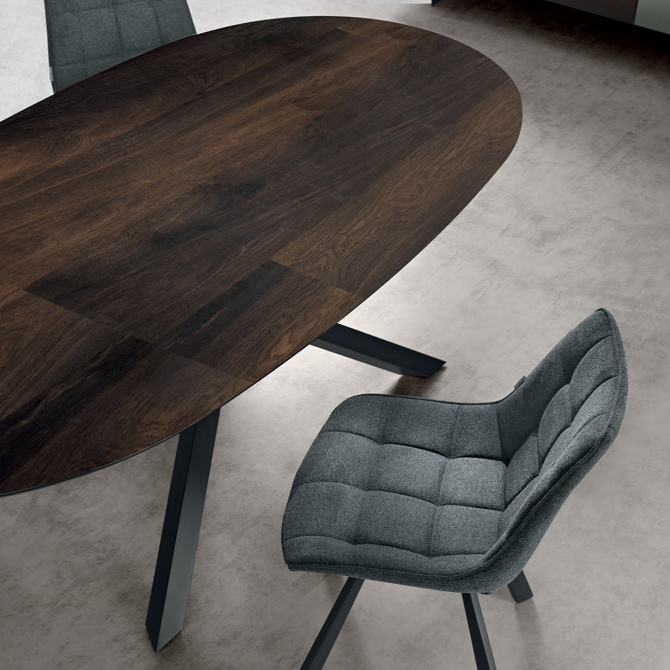 "Canyon" modern fixed dining table with metal base and oak top, 210x109 cm, 75 cm high