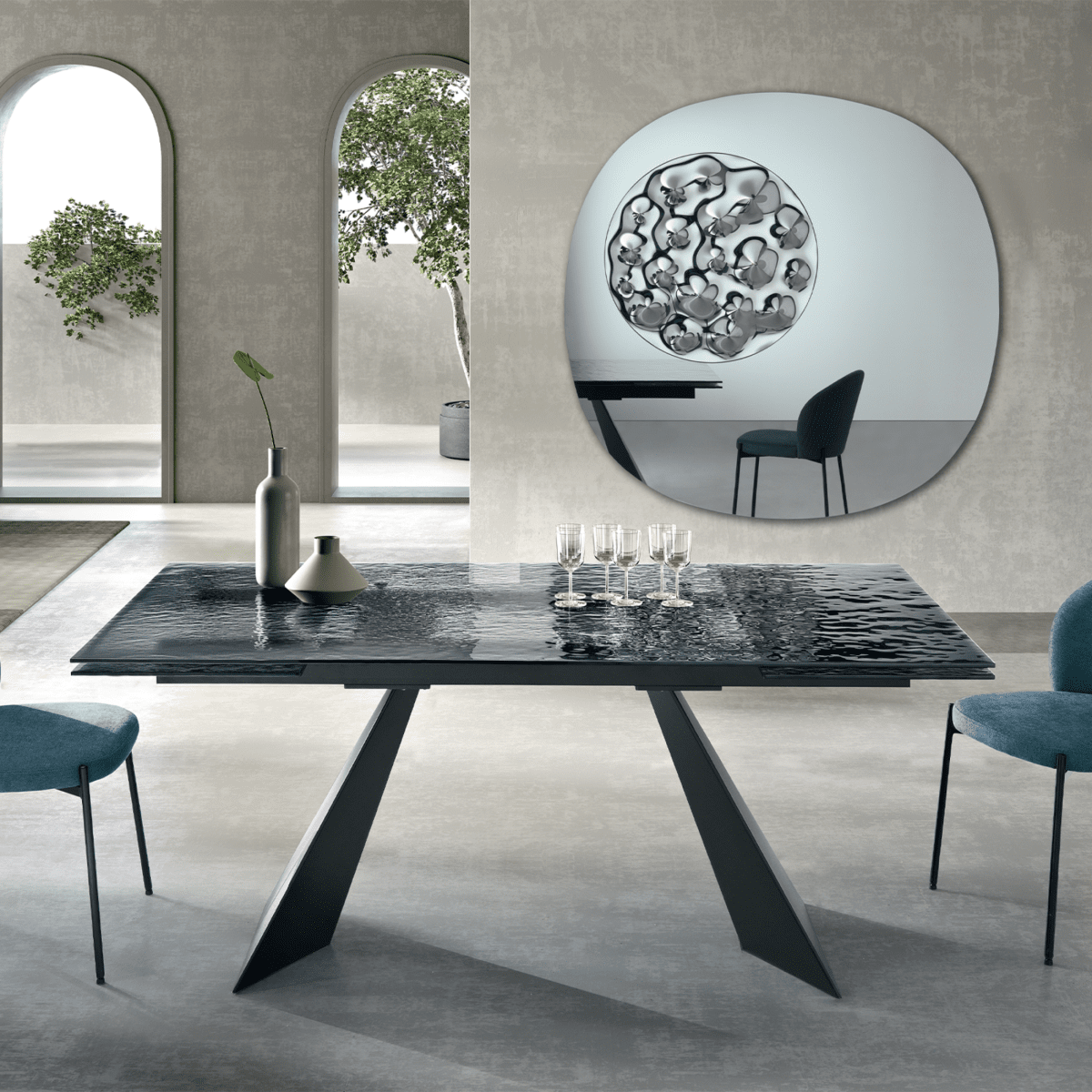 Tavolo allungabile da pranzo "Rubino" con piano in vetro martellato - MondoViro