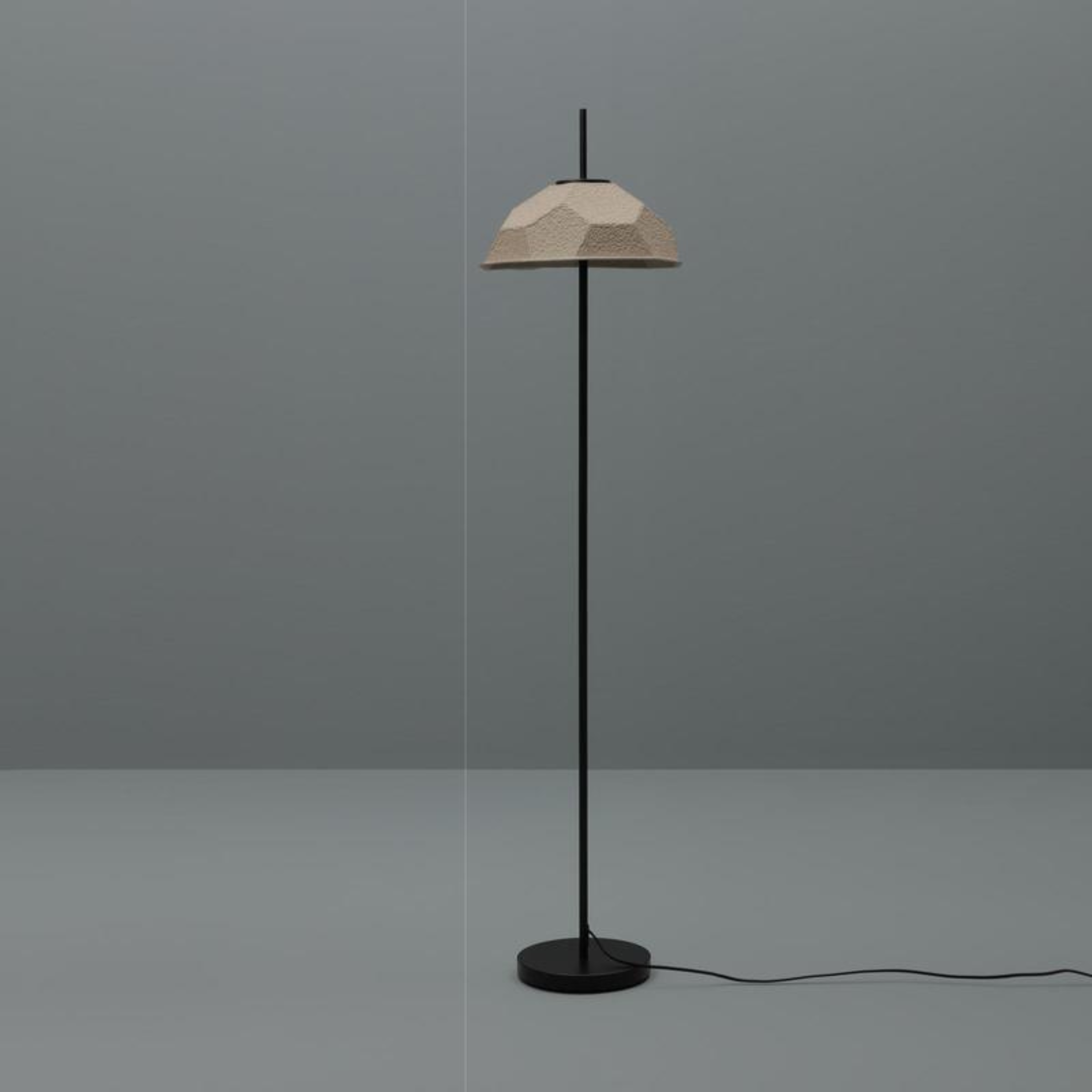 "Kande" metal lamp with recycled cardboard lampshade, floor, table and hanging.