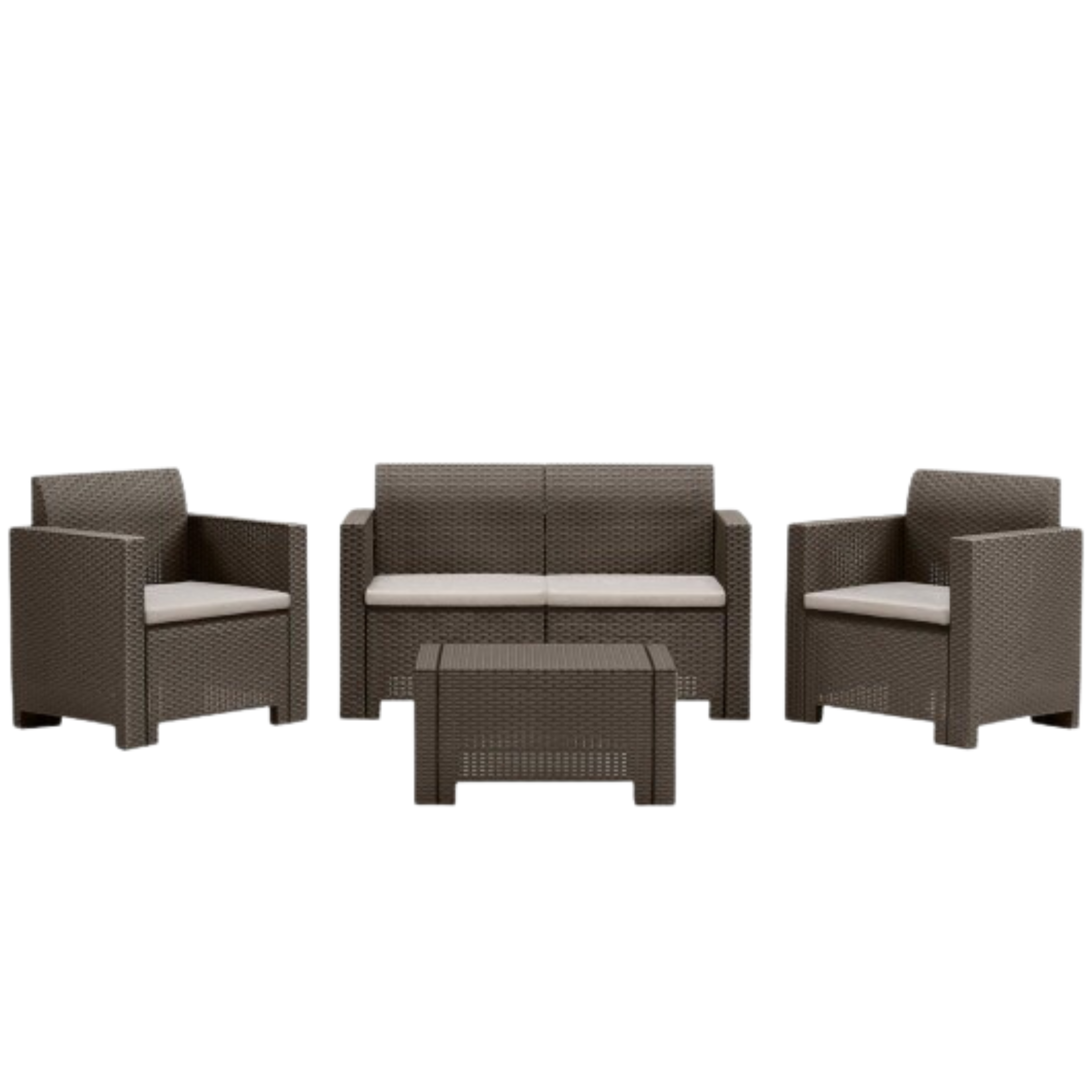"Nebraska II" garden lounge set in rattan resin, coffee table + sofa + 2 armchairs with cushions