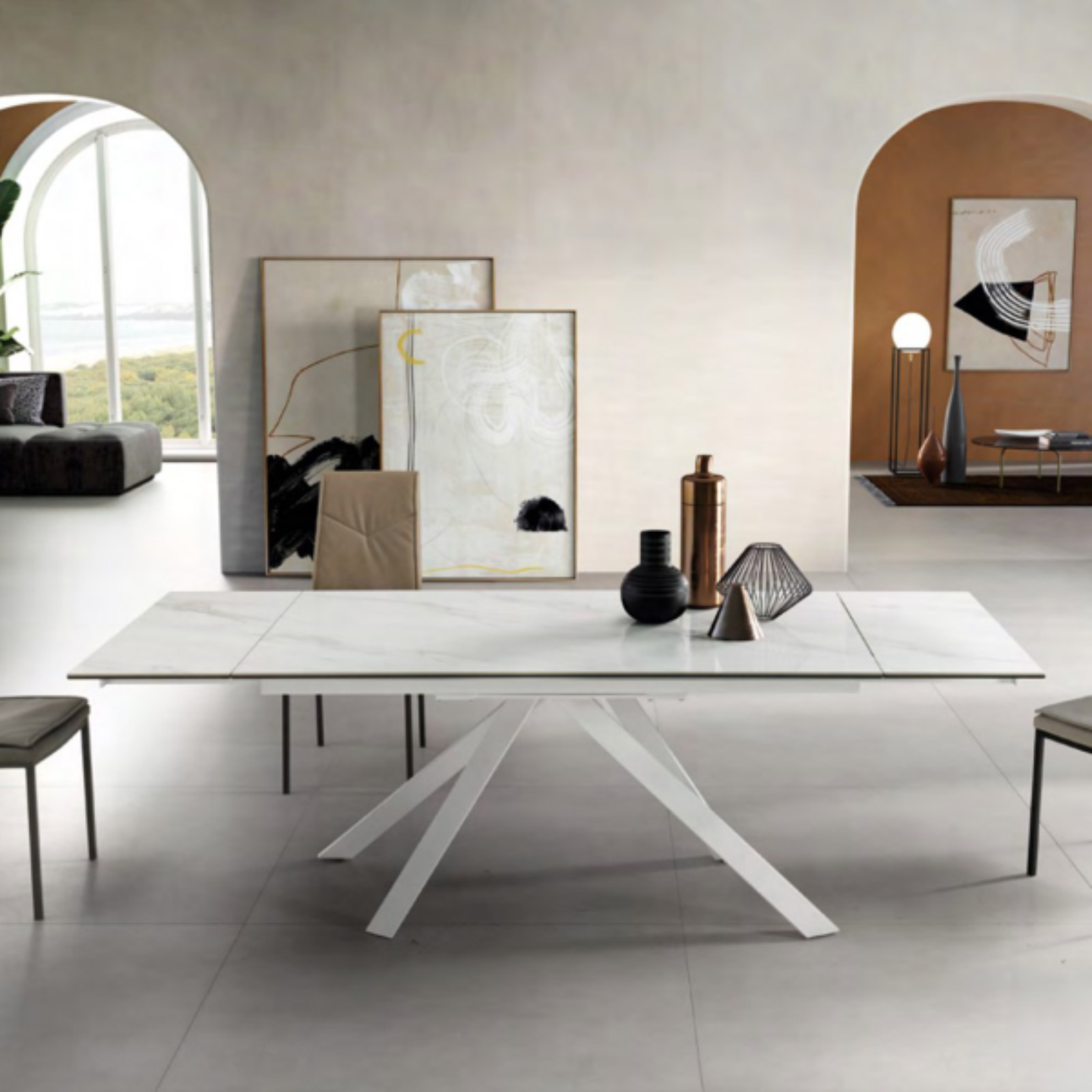 "Caio" modern extendable dining table with porcelain stoneware top