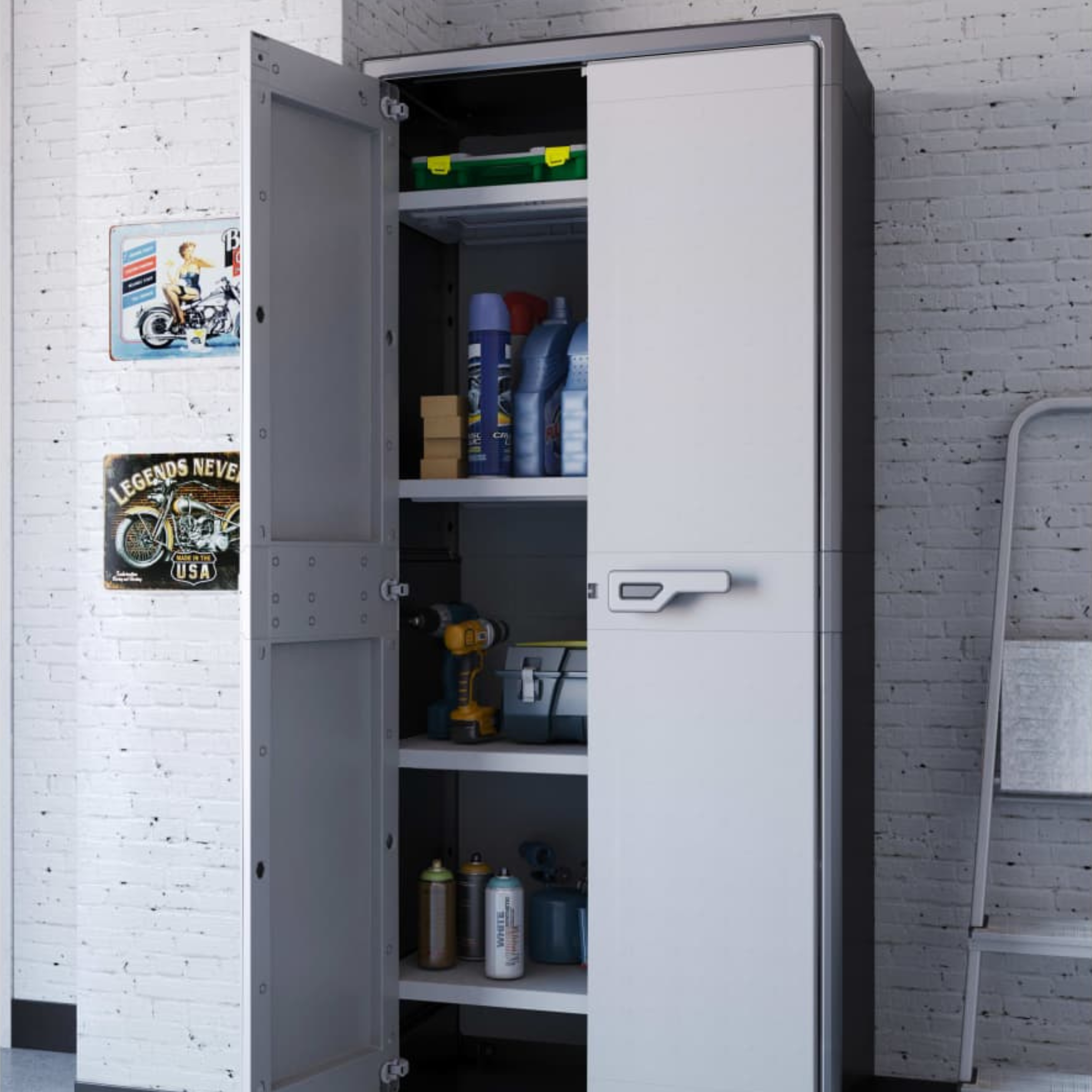 XL "Hitan" resin garden cabinet with internal shelves and raised feet