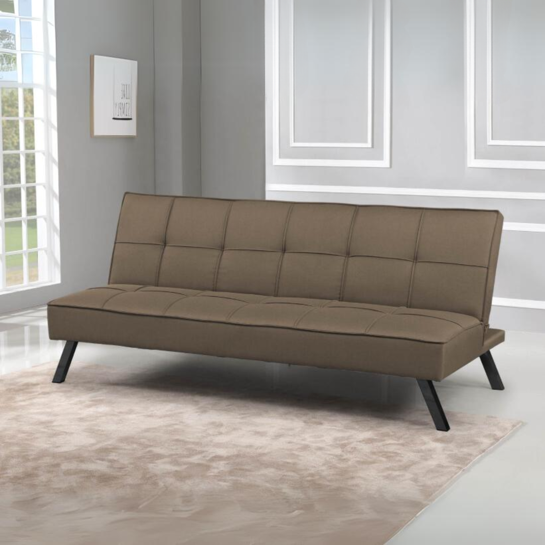 "Evelin" 3-seater sofa bed in linen fabric with metal legs, 180x81 cm, 79 cm high.