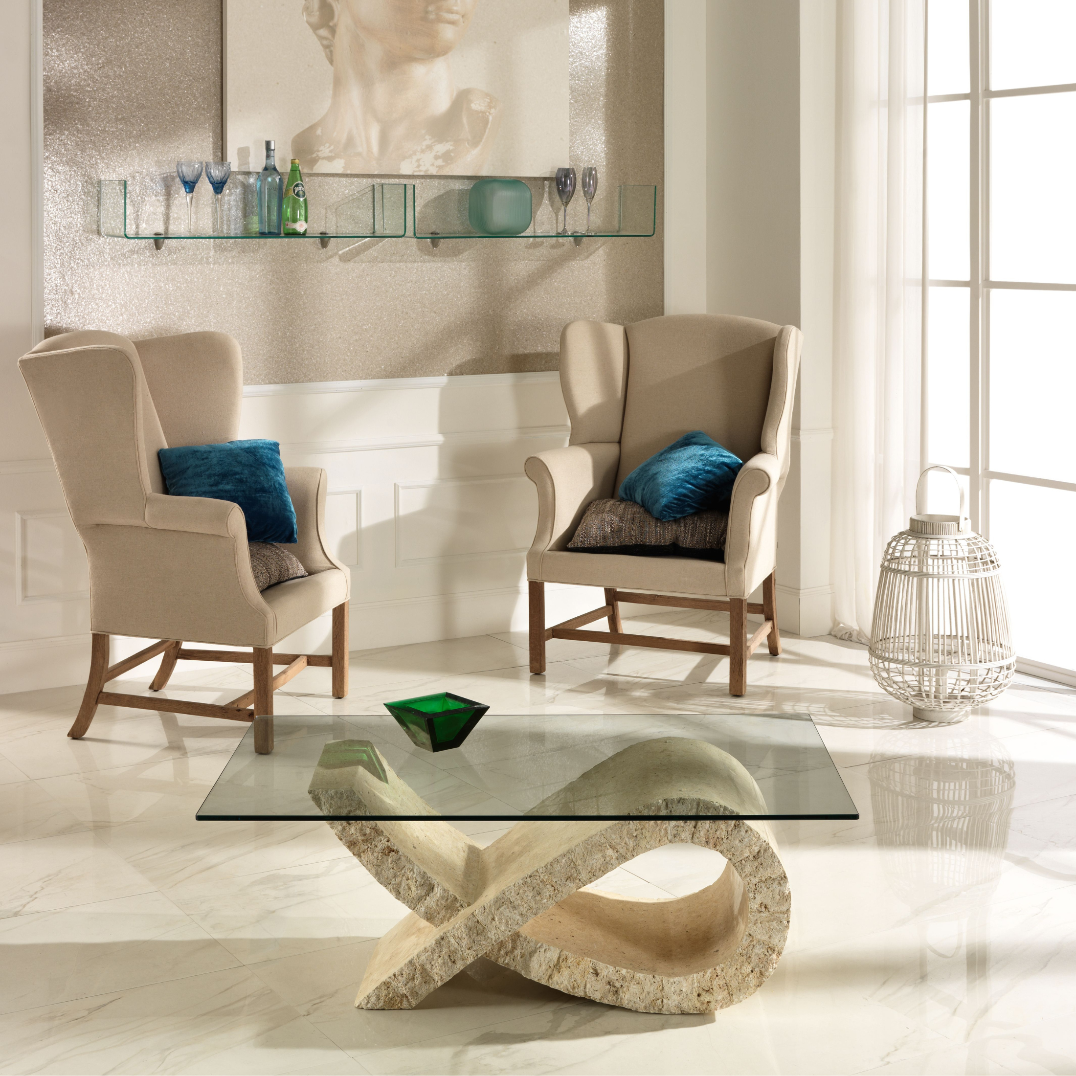 Low table in fossil stone "Flake" tempered glass top 120x70 cm 37h