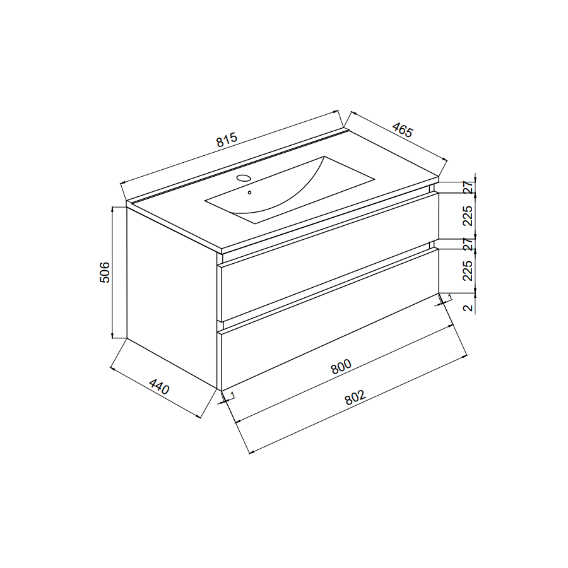 "Belize80" white wall-hung bathroom cabinet with two drawers and a ceramic sink