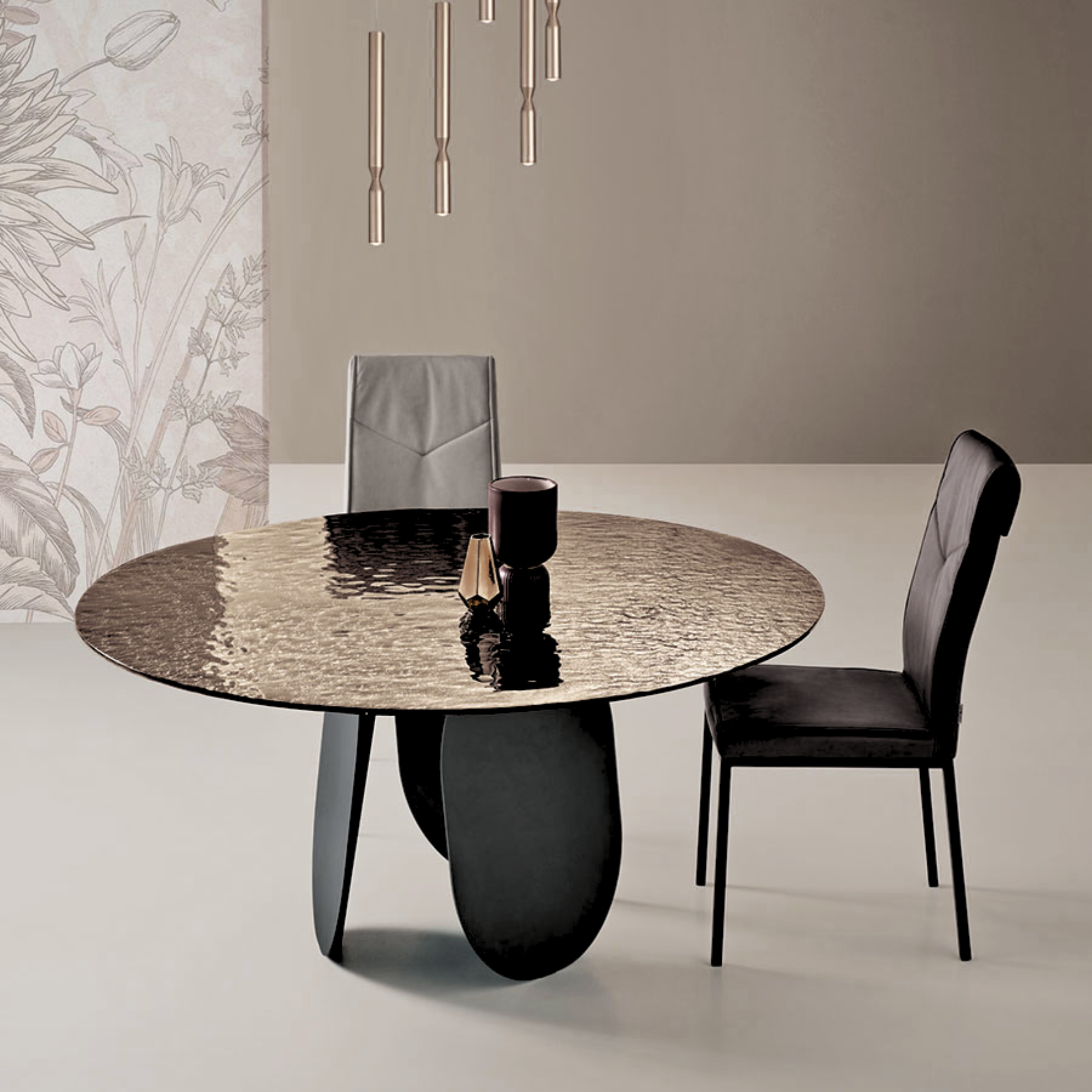 "Monroe" modern fixed round dining table with hammered glass top