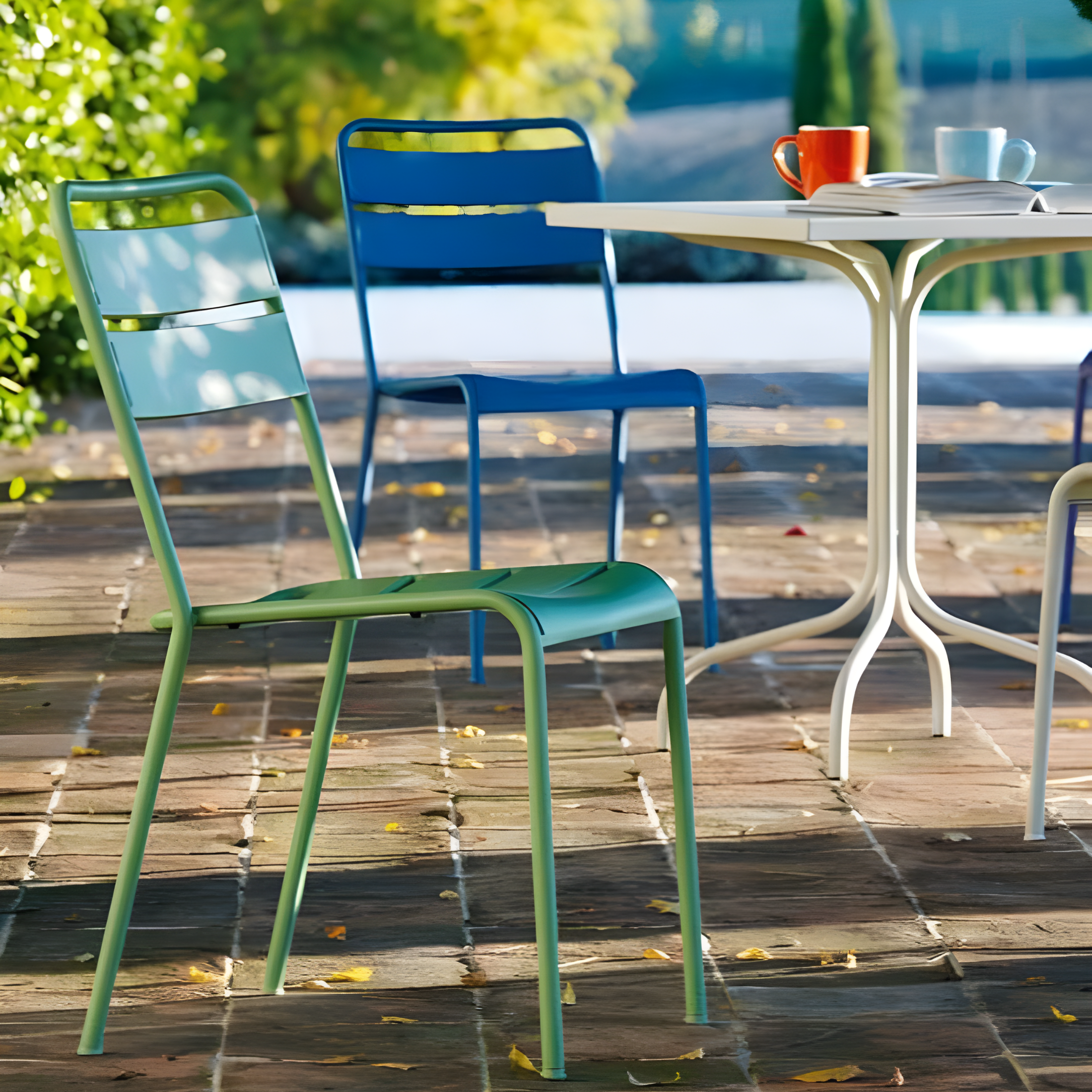 Set of modern and stackable "Twist" painted metal garden chairs, 45x57 cm, 86 cm high.
