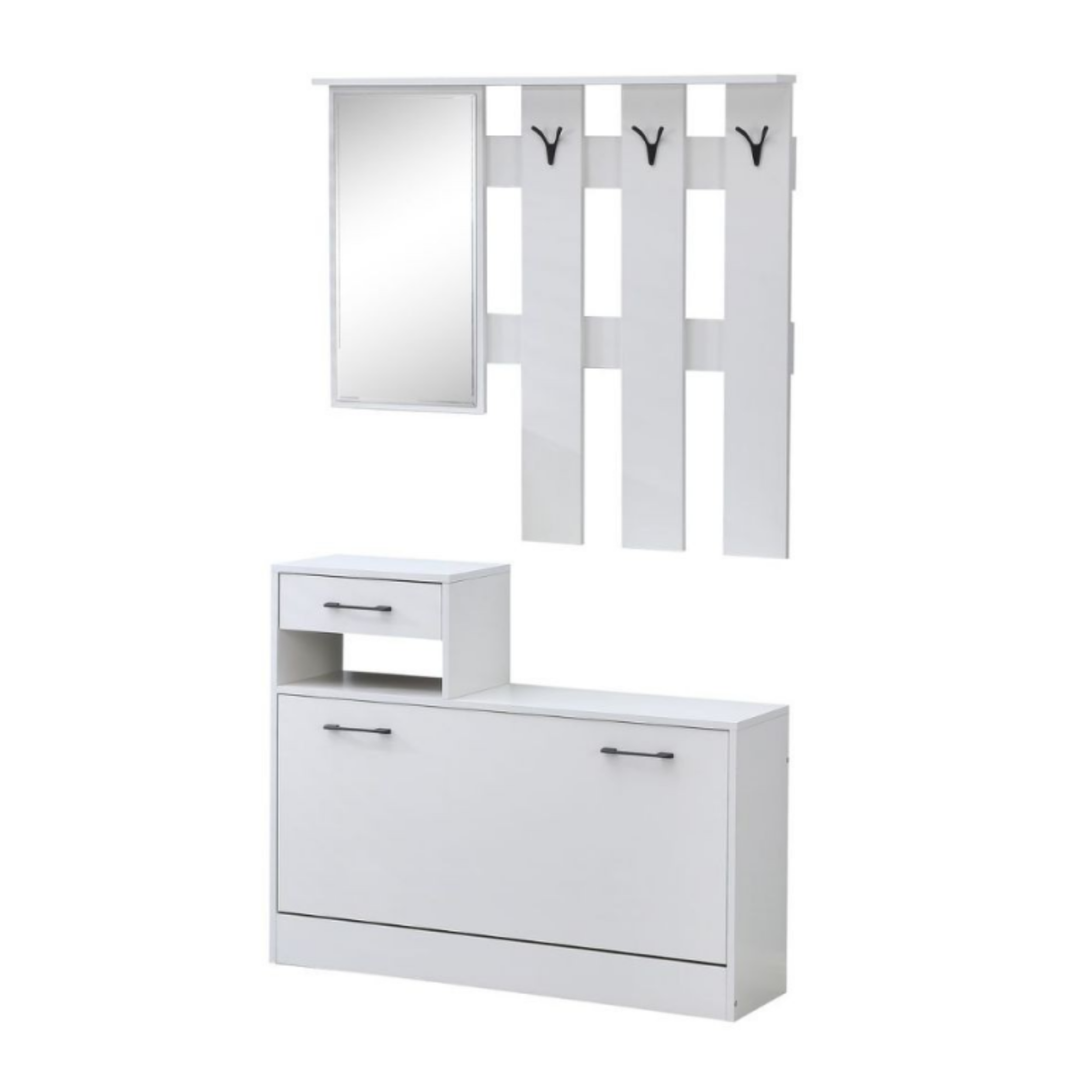 Scarpiera da ingresso in legno "Rudolf" con specchio e appendiabiti cm 100x26 180h