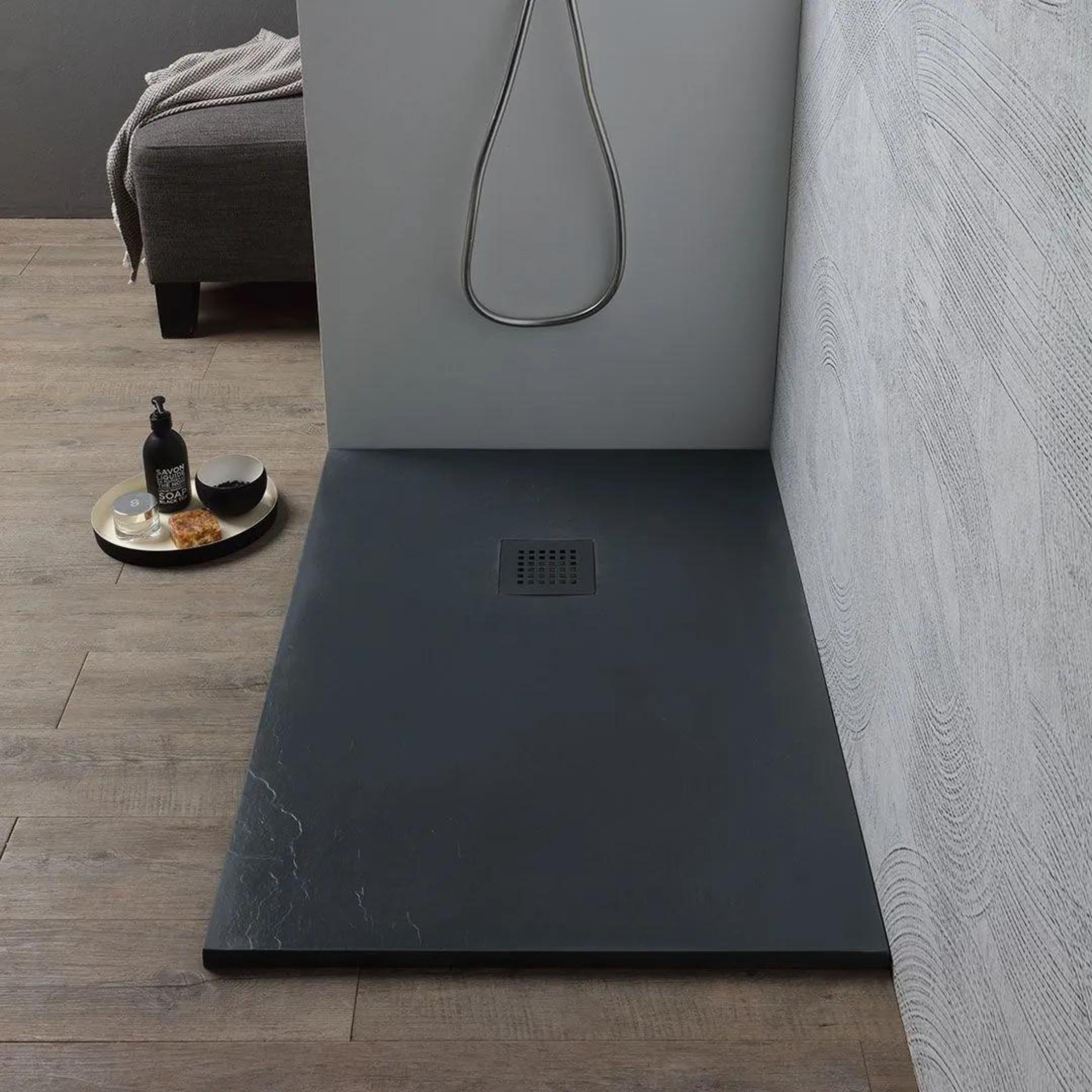 "Milano" thin rectangular shower tray in non-slip stone-effect resin