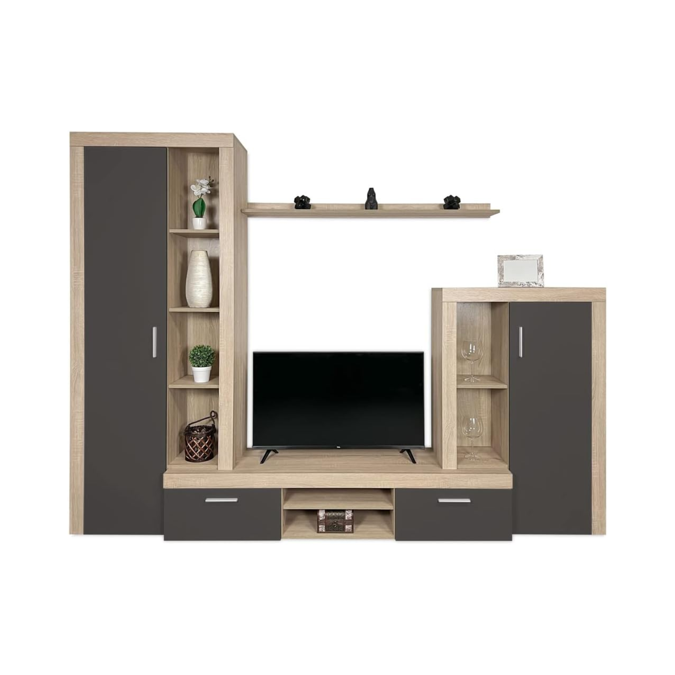 "Nobel" living room wall unit in natural wood and anthracite, 263x40 cm, 200 cm high
