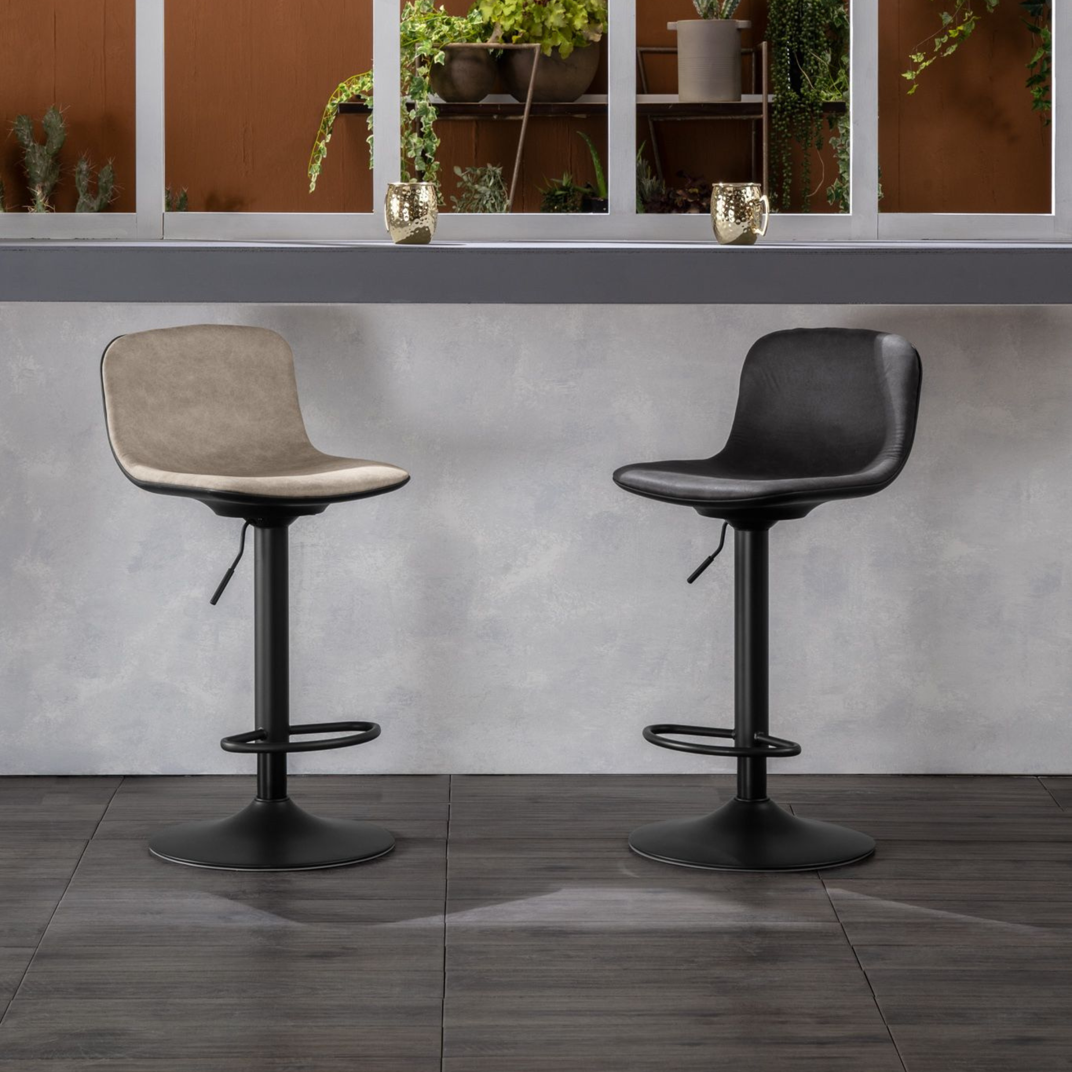 Set of "Woody" high stools in fabric with gas lift and footrest, 45x39 cm, 86h