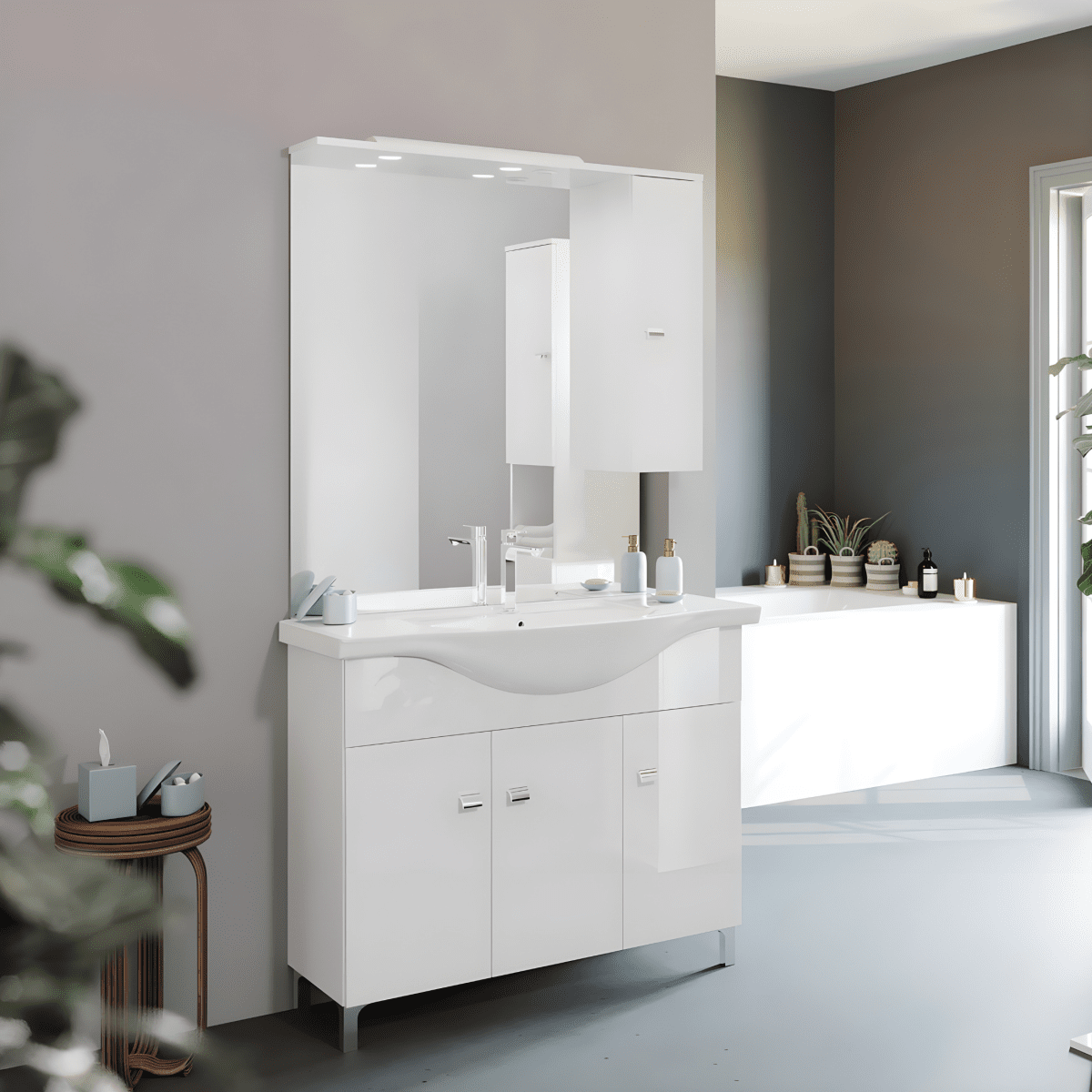 Mobili bagno "Kiro" in nobilitato con finitura bianco lucido , lavabo in ceramica da incasso e specchio - MondoViro