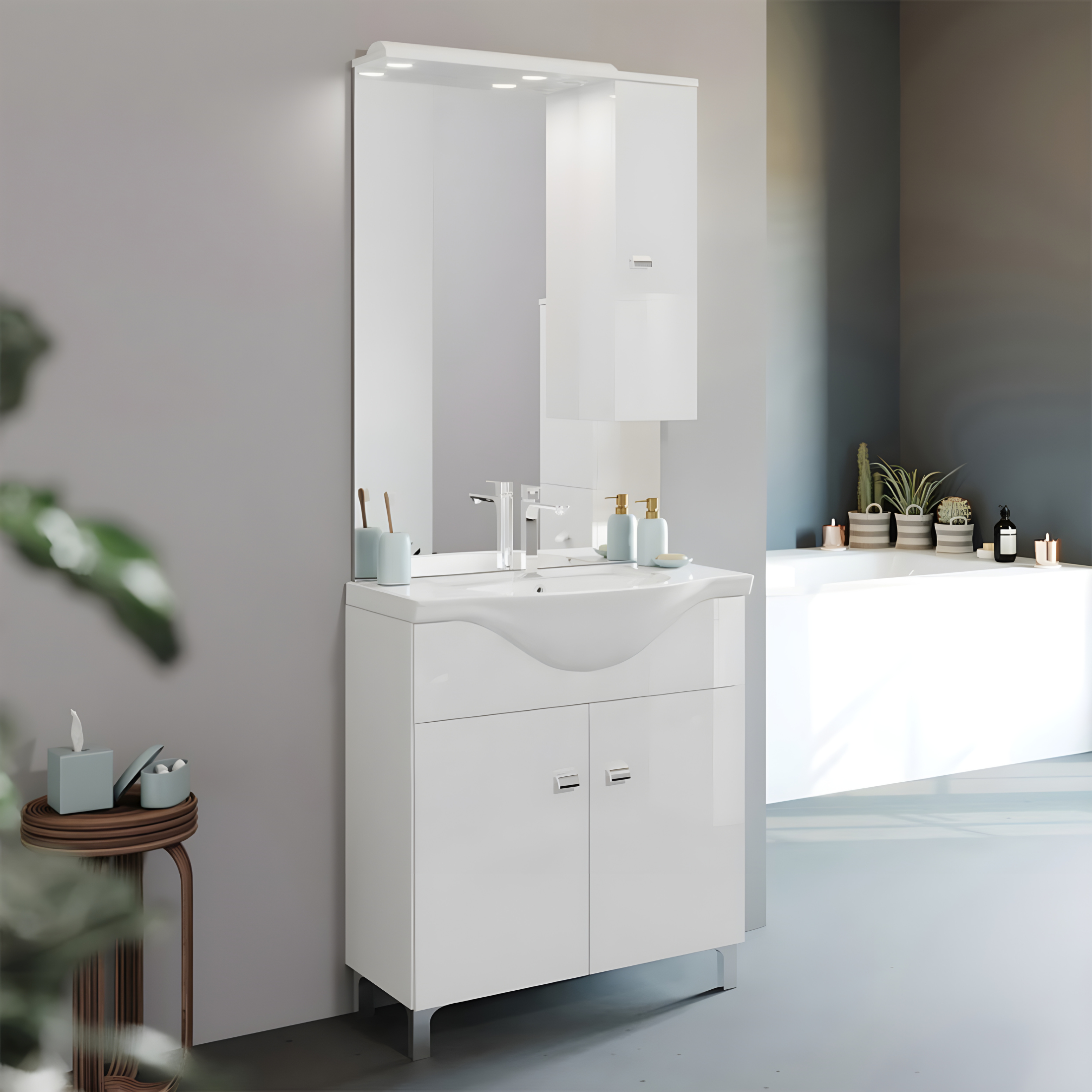 "Kiro" bathroom furniture in melamine with a glossy white finish, built-in ceramic sink and mirror